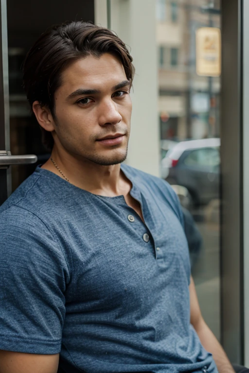 Handsome Man 38 years old, lean muscular body, tan skin olive, his eyes are blue, 1.90m, his hair is dark brown with natural waves that flow down his shoulders, a little stubble unshaved, wearing a blue shirt, black pants, soft smile