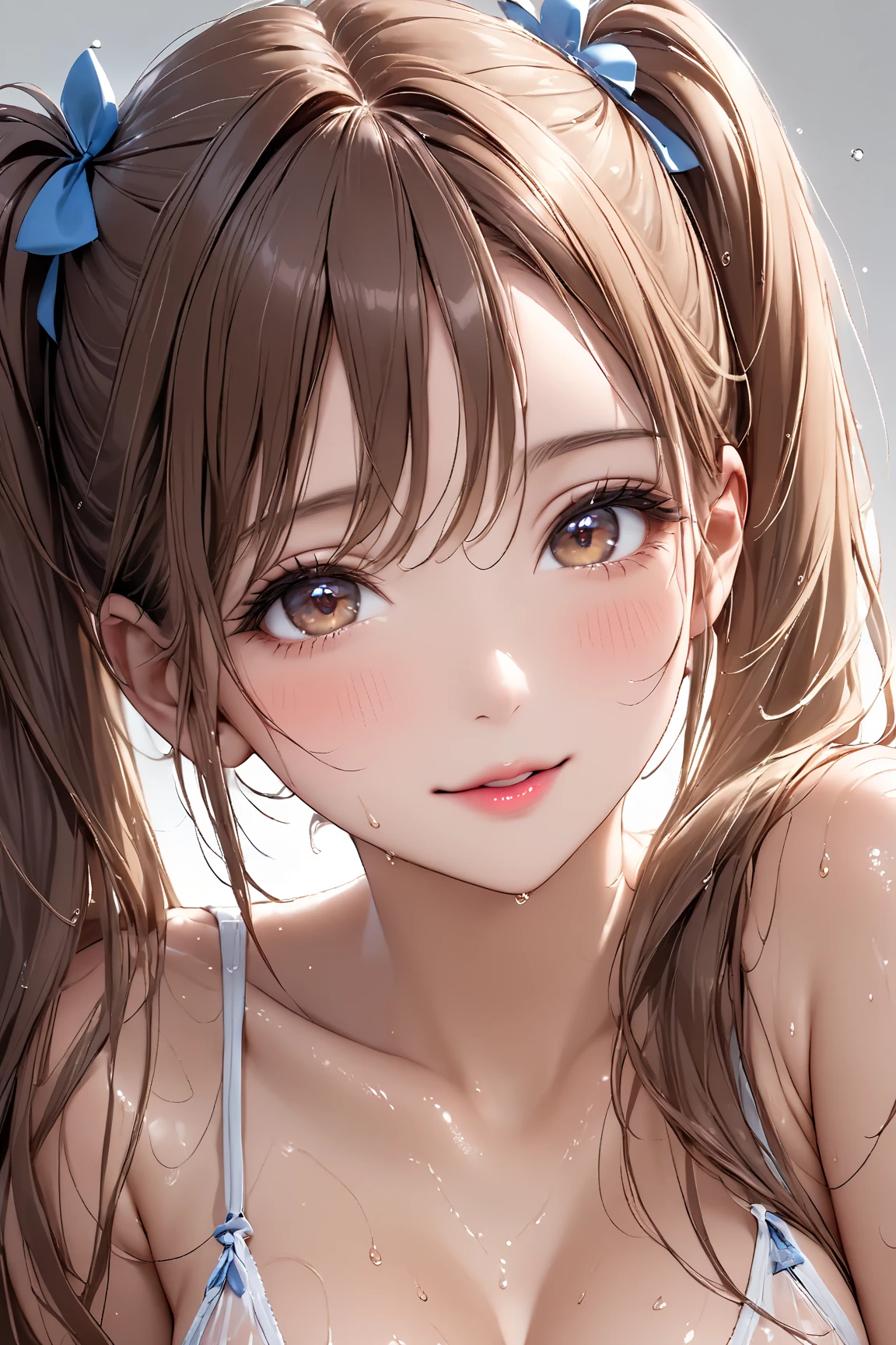Best Quality,High resolution,8k,(plain white background, no patterns, no textures, just a plain white background:1.3),Masterpiece:1.2),beautiful girl,Big Breasts,(Shiny brown hair:1.3),messy hair,Beautiful brown eyes,Gentle look,A refreshing look,smile,Oversized shirt,Best quality,Best Quality,Aesthetic and aesthetic:1.2,Best details((Super detailed))(High-definition CG illustrations),Slender body,smile,blush,cute,Scrounge,Looking up,Being spoiled,super model, wariza, sit