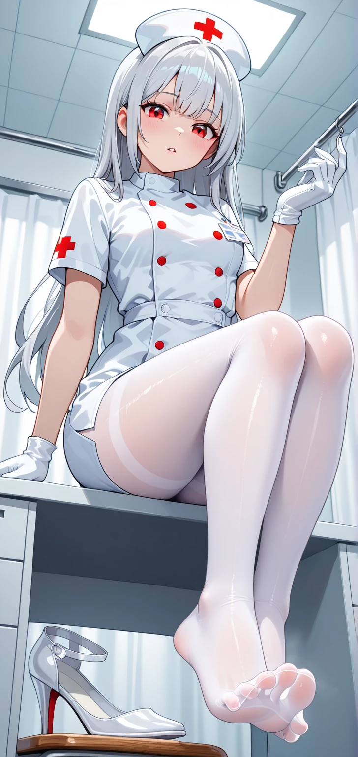 anime nurse sitting on a desk with her legs crossed, (sfw) safe for work, anime barbie in white stockings, nurse girl, commission for high res, seductive anime girl, , at pixiv, thicc, white stockings, oc commission, thighs!!!, high quality fanart, on a desk, top rated on pixiv, 2b