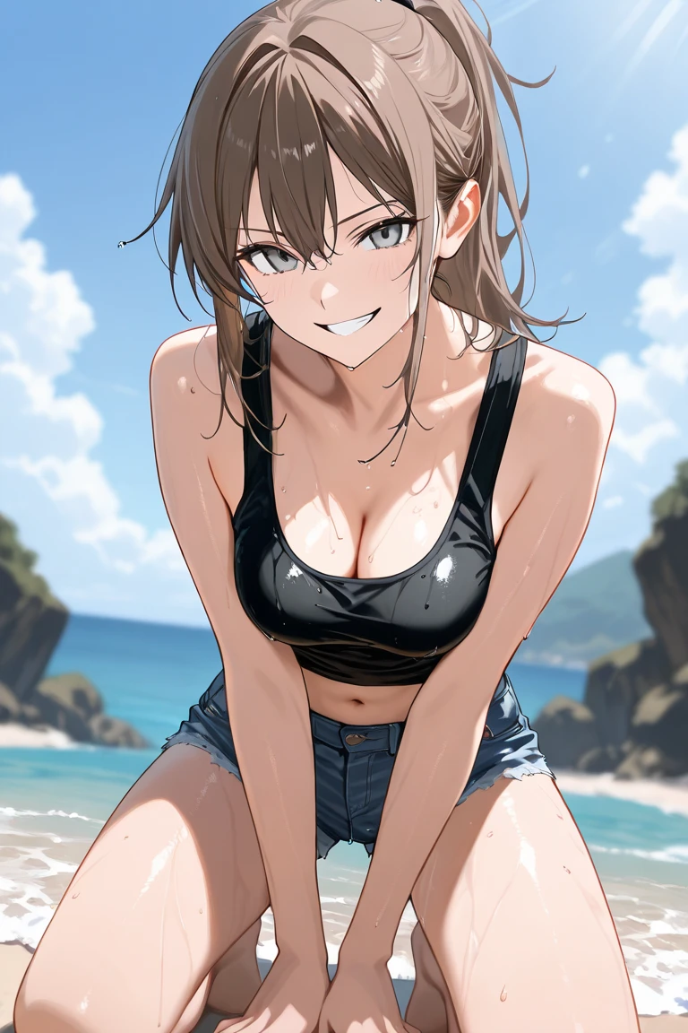 (1girl:1.3, solo), (Masterpiece, best quality, photorealistic, highres, photography, :1.3), ultra-detailed, sharp focus, professional photo, commercial photo, (upper body:1.3), (standing at blue ocean:1.3, in water), (((starring at the viewer:1.5))), arms behind back, BREAK, 1girl, solo, milf, European girl, hot model, (attractive model:1.37), (promotional model:1.2), highly detailed eyes and pupils, realistic skin, (attractive body, large breast:1.25, thin waist:1.15), thin hair, single braid hair, mahogany hair, extremely detailed hair, delicate sexy face, sensual gaze, shiny lips, BREAK, (orange bikini:1.3), (shorts:1.3), detailed clothes, BREAK, (outdoor, South California beach background, blurry background:1.25, simple background, no-human background, detailed background), (under sunset:1.37), BREAK, (attractive posing), ((realistic, super realistic, realism, realistic detail)), perfect ???????, perfect proportion, bokeh, depth of field, hyper sharp image, (attractive emotion, seductive smile:1.2, happy:1.2, blush:1.2, :d:1.2, :p:1.2), 4fingers and thumb, perfect human hands, wind,