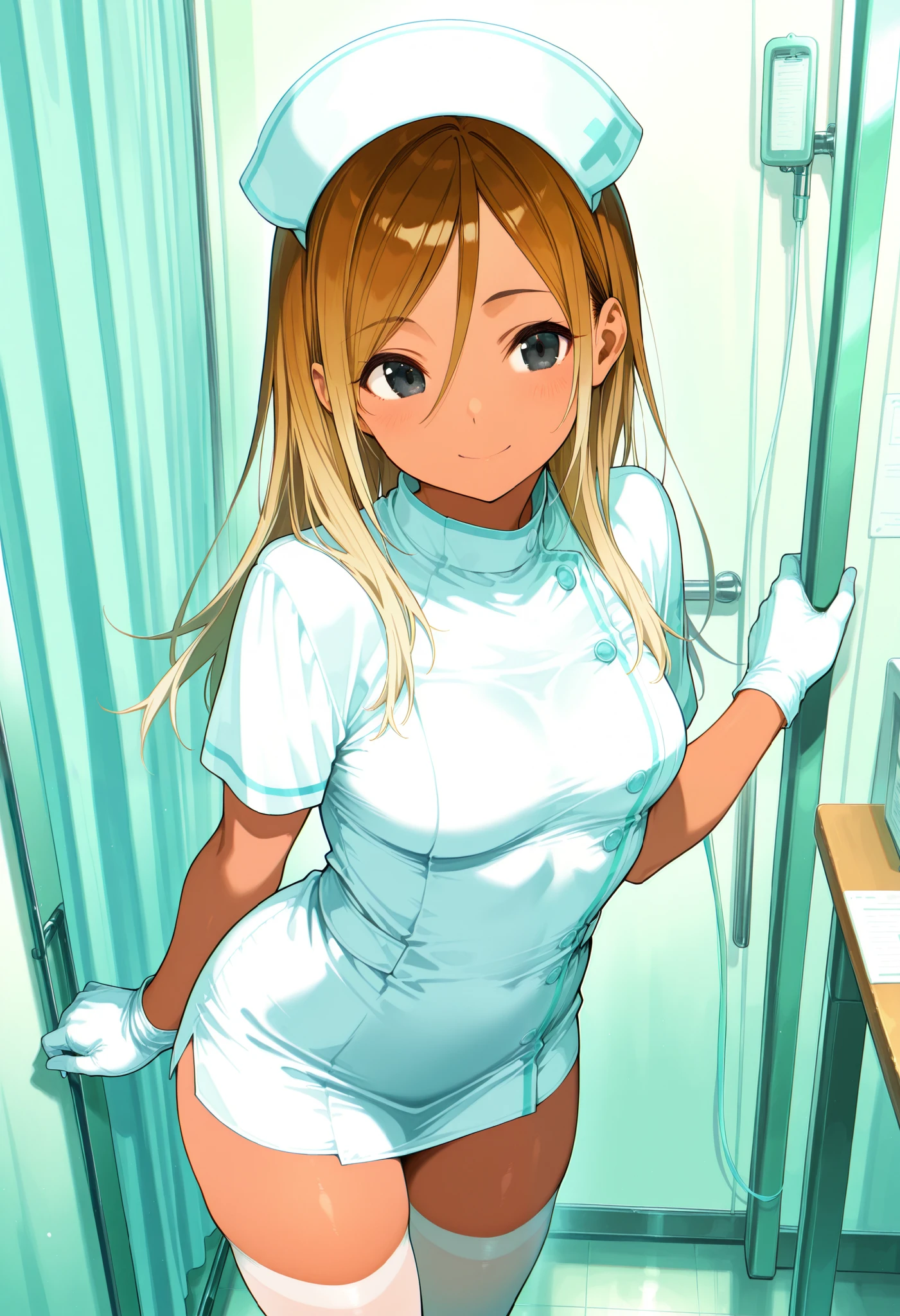 Score_9, score_8_up, score_7_up, source_anime, 1zum1, solo, dark-skinned female, tan, long hair, gradient hair, brown hair, blonde hair, hair between eyes, black eyes, (best quality), (high quality), {masterpiece}, extremely delicate and beautiful, ultra-detailed, beautiful detailed eyes, nurse, nurse hat, ((white nurse's outfit)), white gloves, white thighhighs, hospital room, smile, closed mouth, standing