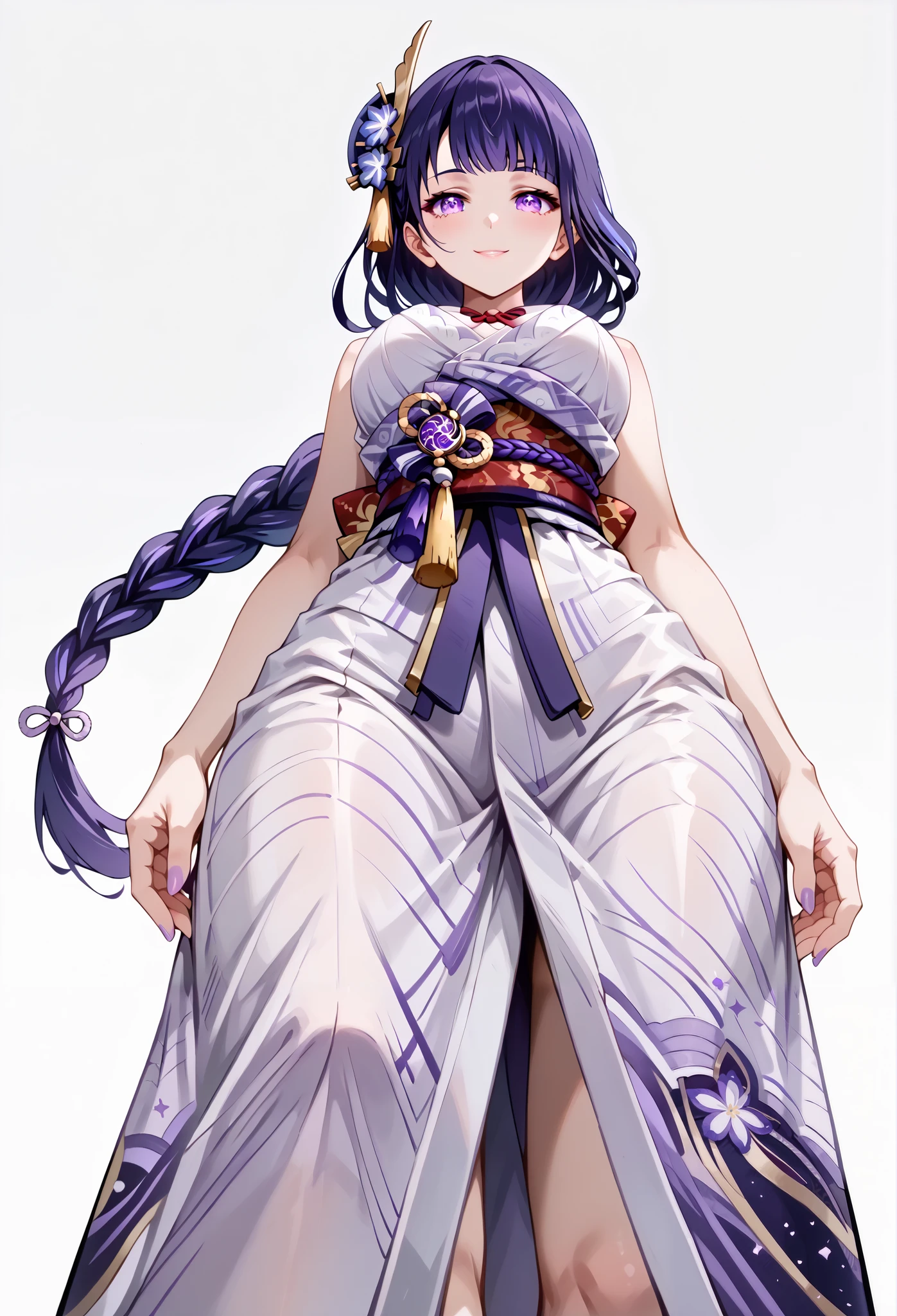 score_9, score_8_up, score_7_up, source_anime, 4K,perfect fingers,(perfect hands, perfect anatomy),prefect lighting, very aesthetic, intricate details,highly detailed background, masterpiece, high quality, best quality,
raidenshogun, raiden shogun, braid, braided ponytail, hair flower, hair ornament, long hair, mole, mole under eye, purple eyes, purple flower, purple hair, single braid, large breasts,,
wearing ((short yukata, sleeveless, )),,
((White plain background:1.5)) , looking at viewer, smile, (perfect hands, perfect anatomy),cowboy shot, filed, high thigh individual , fullbody,Stand up,((front look:1.5)), ((Low Angle View:1.5)),