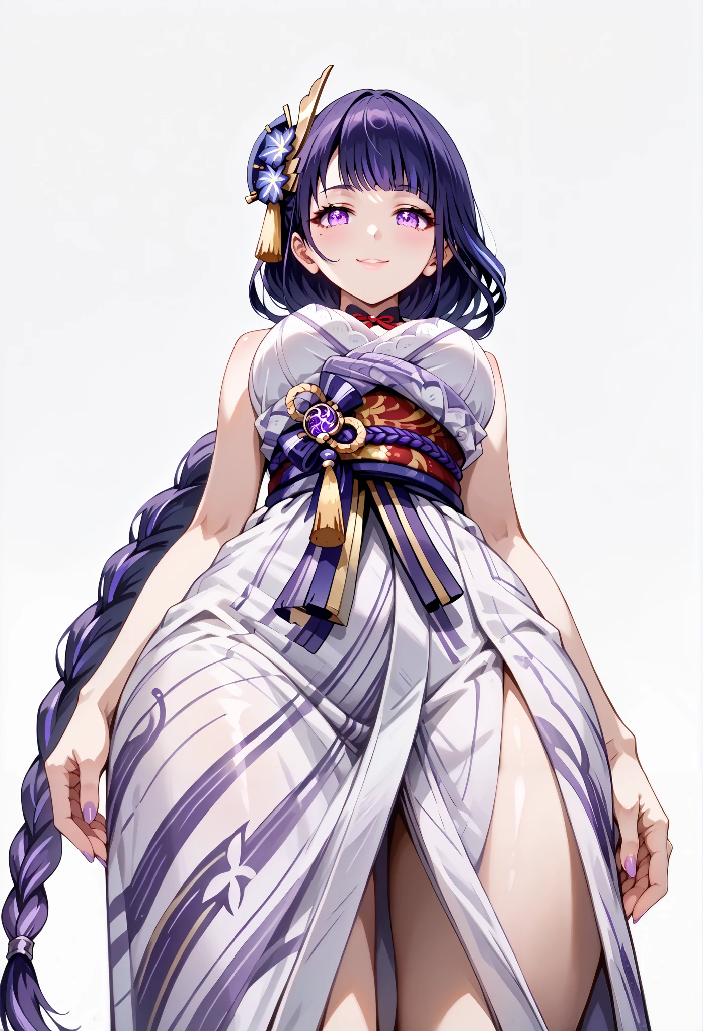 score_9, score_8_up, score_7_up, source_anime, 4K,perfect fingers,(perfect hands, perfect anatomy),prefect lighting, very aesthetic, intricate details,highly detailed background, masterpiece, high quality, best quality,
raidenshogun, raiden shogun, braid, braided ponytail, hair flower, hair ornament, long hair, mole, mole under eye, purple eyes, purple flower, purple hair, single braid, large breasts,,
wearing ((short yukata, sleeveless, )),,
((White plain background:1.5)) , looking at viewer, smile, (perfect hands, perfect anatomy),cowboy shot, filed, high thigh individual , fullbody,Stand up,((front look:1.5)), ((Low Angle View:1.5)),