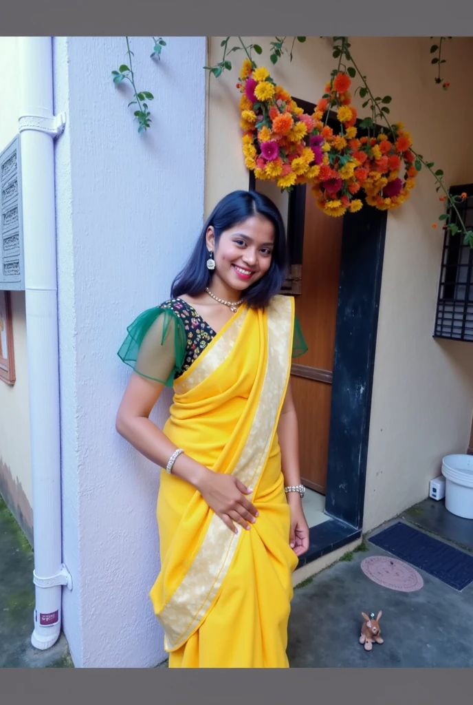 Create a 3d image in which a Indian teenager girl cutting Cake wearing yellow color top with Name "Rashi" is written clearly on the Cake and 19 year candle burning on the cake, image features with birthday decorated view realistic image