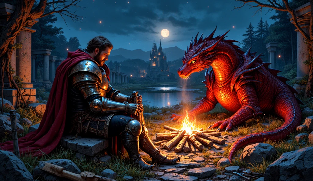 Medieval knight surrounded by fire and a dragon playing a card-matching game called matched