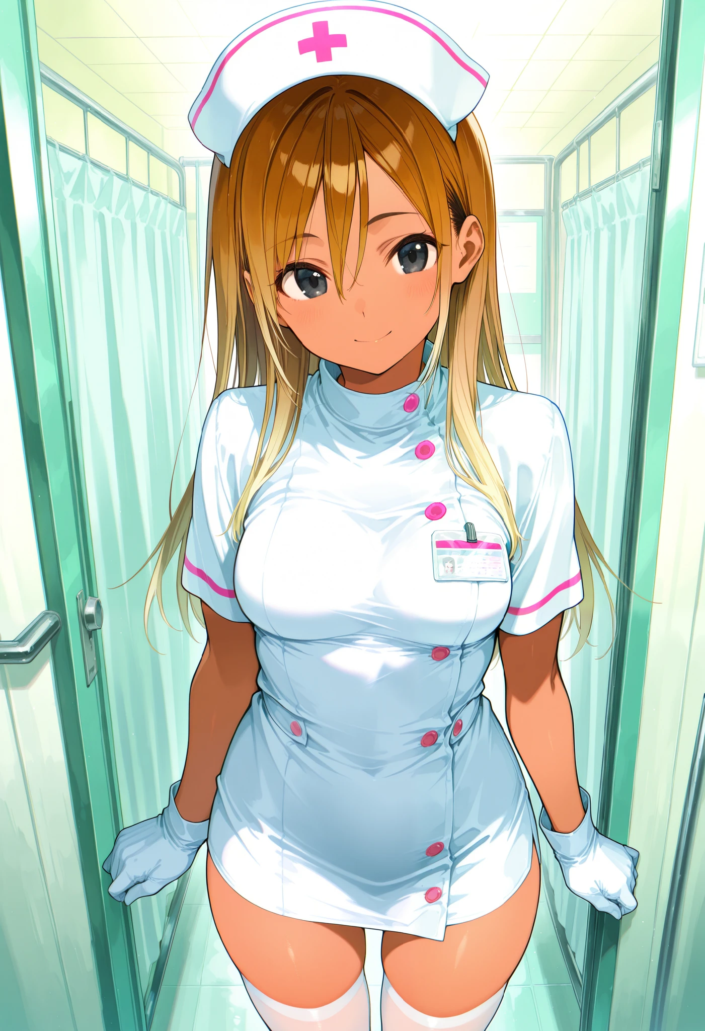 Score_9, score_8_up, score_7_up, source_anime, 1zum1, solo, dark-skinned female, tan, long hair, gradient hair, brown hair, blonde hair, hair between eyes, black eyes, (best quality), (high quality), {masterpiece}, extremely delicate and beautiful, ultra-detailed, beautiful detailed eyes, nurse, nurse hat, ((white nurse's outfit)), white gloves, white thighhighs, hospital room, smile, closed mouth, standing