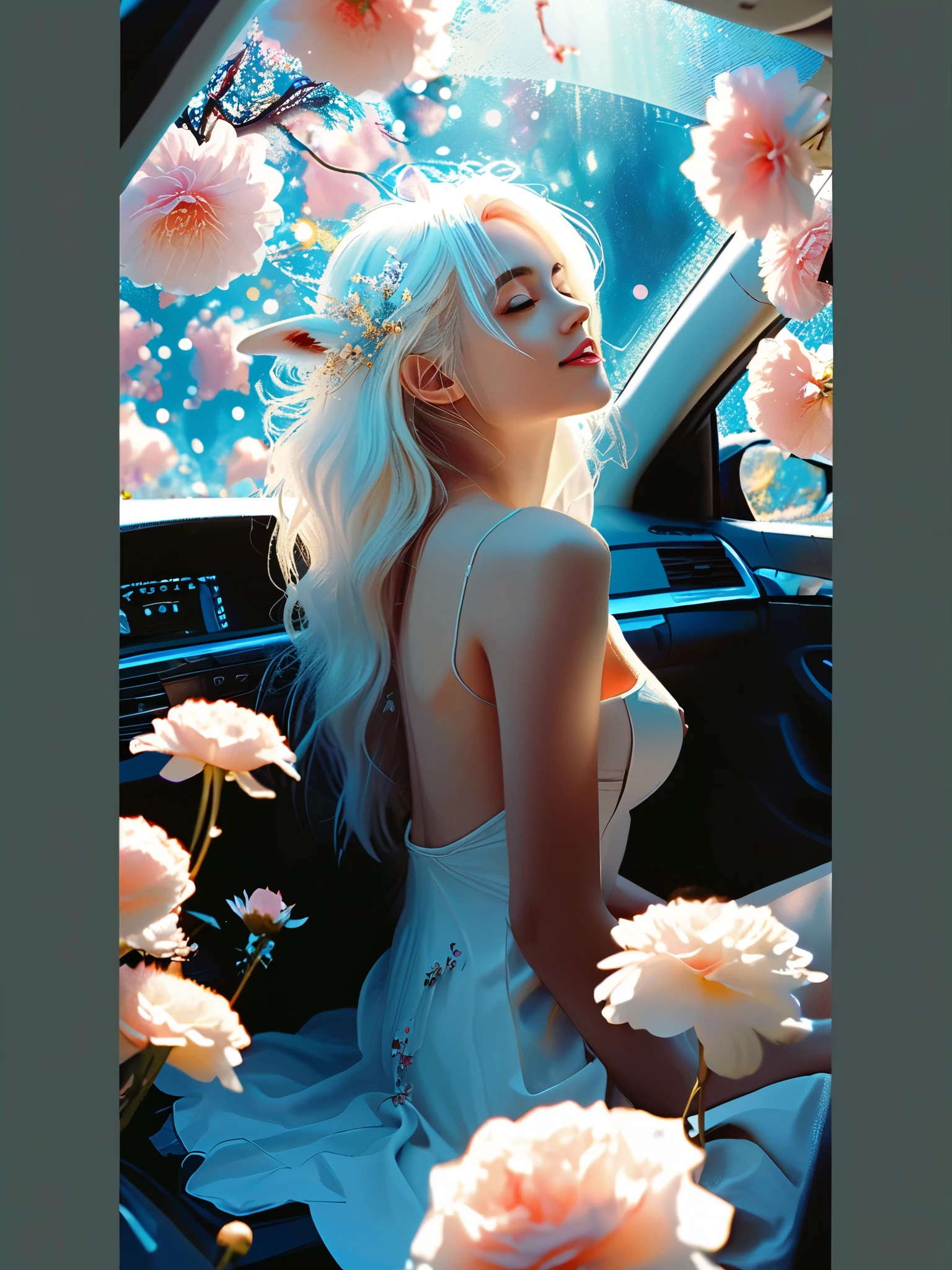 Nude breathtaking Ethereal fantasy concept art of cinematic film still,nude american Girl,A girl with white hair sitting in car filled withflowers,Artwork by Rinko Kawauchi,In a mid-action pose,Holiday Dad Core,young and energetic,very cool expression,Body extension,Flowers in the sky,****and movies,Super Detail,Dreamy lofi photography,rich and colorful,Covered with flowers and vines,Internal view,Shot with Fujifilm XT4 . Shallow depth of field,Vignette,Very detailed,High Budget,Bokeh,Widescreen movies,Moody,epic,Gorgeous,Film Grain,Granular . Gorgeous,Heavenly,Ethereal,Painterly,epic,majestic,magic,Fantasy Art,Cover Art,Dreamy,monk, . The award-winning, professional, Very detailed, Lord of Light, monk, Sunlight, Breasts, Smile, Open Mouth, Looking at viewer, Long Hair, Bangs, Blue eyes, Tongue Out, Fox Ears, Sparkle, POV, Abstract Expressionism, Anatomically Correct, American Propaganda Poster, Best Quality, Conceptual Art, Gothic Art, naked, nude, no clothes