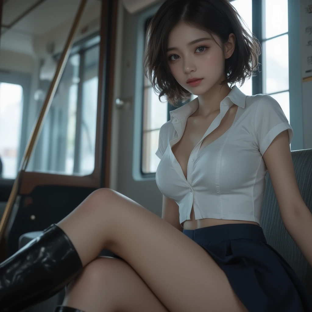 mediuml breasts, short skirt,High ponytail,figure eight bangs,high-heels
