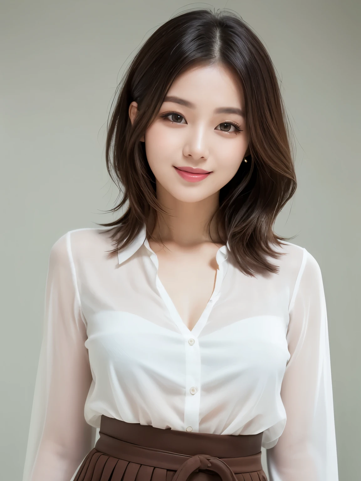 realistic photos of (1 cute Korean star) Shoulder-length hair, thin makeup, medium breasts size, slightly smile, rest one's chin on one's hands, wearing white short sleeve shirt with buttons, and black skirt, at the coffee house, cut-in, emphasis lines, foreshortening, cinematic lighting, UHD, high details, 16k