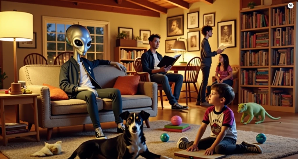 In the cozy, retro living room of a 1980s suburban home, an unusual group has gathered. The room is warmly lit by a vintage floor lamp, casting soft shadows on the wood-paneled walls. The floral-patterned sofa and armchairs are arranged around the coffee table, where a rotary phone sits beside a stack of magazines.

A skeleton dressed in a Hawaiian shirt and cargo shorts is lounging on the sofa, its bony fingers tapping rhythmically on the armrest as if lost in thought. Across from it, a 1960s robot, with a metallic, boxy body and blinking lights, stands stiffly by the fireplace. Its antennae twitch as it processes the conversation, its voice a mixture of beeps and static as it speaks in a monotone.

Standing near the doorway is a wolf-like human, a tall, muscular figure with a fur-covered body, sharp claws, and glowing yellow eyes. Despite its fearsome appearance, the wolf-man is leaning casually against the doorframe, its tail swishing lazily behind it. The creature is dressed in a flannel shirt and jeans, which somehow fit its bestial form.

The group is focused on a strange, pulsating red blob that rests on the coffee table, its surface undulating gently. The blob occasionally emits low, gurgling sounds, which seem to be its way of communicating. The skeleton leans forward, its empty eye sockets locked on the blob, while the robot’s head swivels mechanically to analyze the strange entity. The wolf-man, though appearing nonchalant, has its ears perked up, clearly intrigued by what the blob has to say.

As the conversation unfolds, the skeleton cracks a joke, its jaw clattering in what could be interpreted as laughter. The robot responds with a series of whirring noises, possibly attempting to mimic a chuckle. The wolf-man grins, revealing sharp fangs, and adds a dry comment, which prompts the blob to shift colors momentarily, as if in response.

The scene is a surreal mix of the ordinary and the bizarre, with these unlikely characters gathered in a typical suburban living room, engaging in a casual, yet otherworldly discussion. The juxtaposition of the familiar 1980s decor with these fantastical beings creates a whimsical and slightly eerie atmosphere, perfect for a sitcom with a twist.