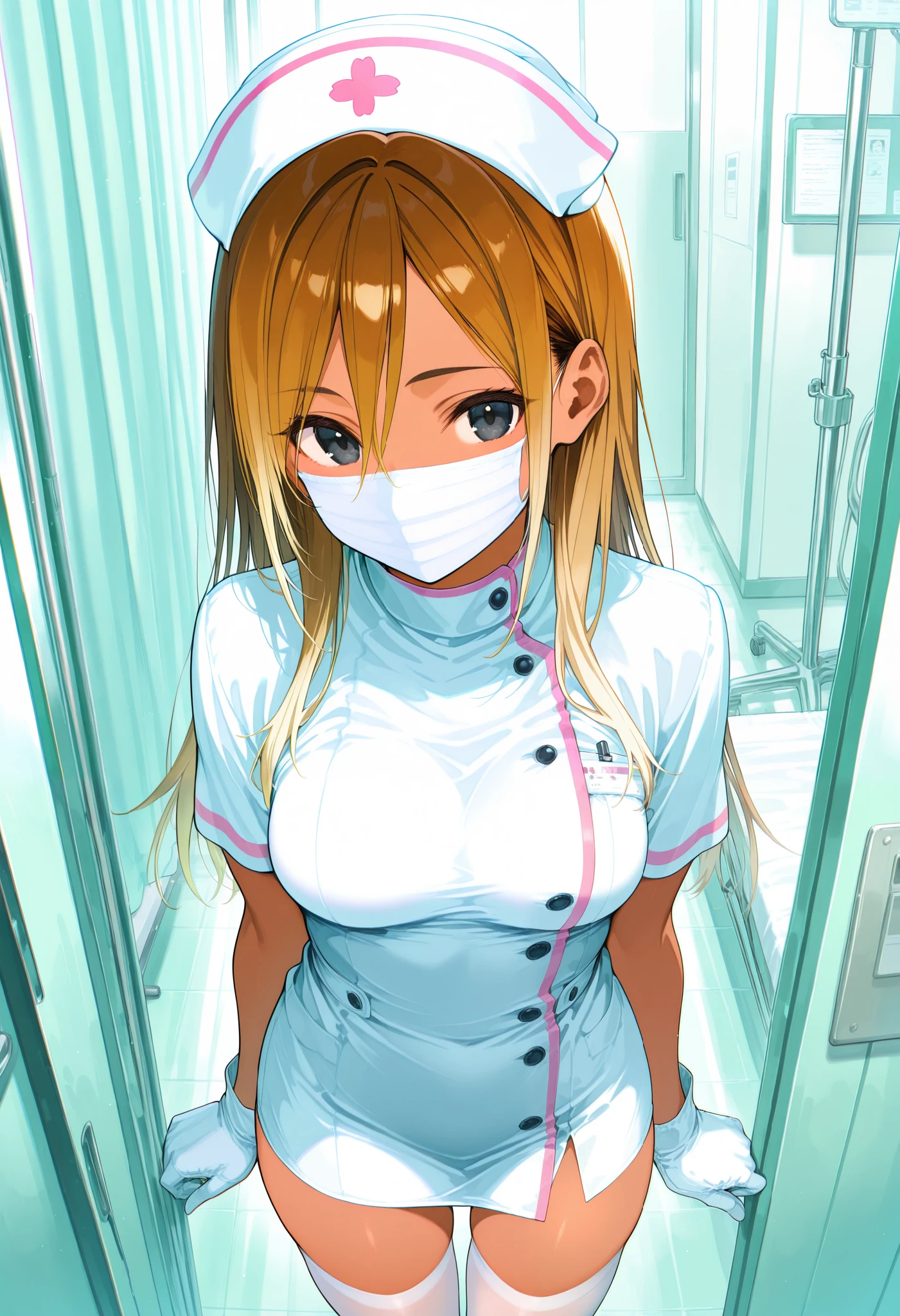 Score_9, score_8_up, score_7_up, source_anime, 1zum1, solo, dark-skinned female, tan, long hair, gradient hair, brown hair, blonde hair, hair between eyes, black eyes, (best quality), (high quality), {masterpiece}, extremely delicate and beautiful, ultra-detailed, beautiful detailed eyes, nurse, nurse hat, ((white nurse's outfit)), white gloves, white thighhighs, hospital room, ((white mask, mouth mask, covered nose)), standing