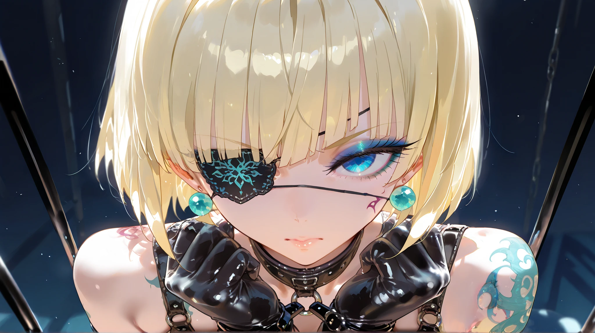 (big eyes:1.4)1 Girl, , Skin with gloves, high contrast((mastepeice , Top Quality))(eyeshadow:1.3)( eyelashes:1.2)Blue droopy eyes, short blonde bob hair (Bangs:1.5)earrings, Viewer, bondage,leather,bare shoulders,upper body, Tattoo, eyelashes, eyeshadow,eye patch on one eye