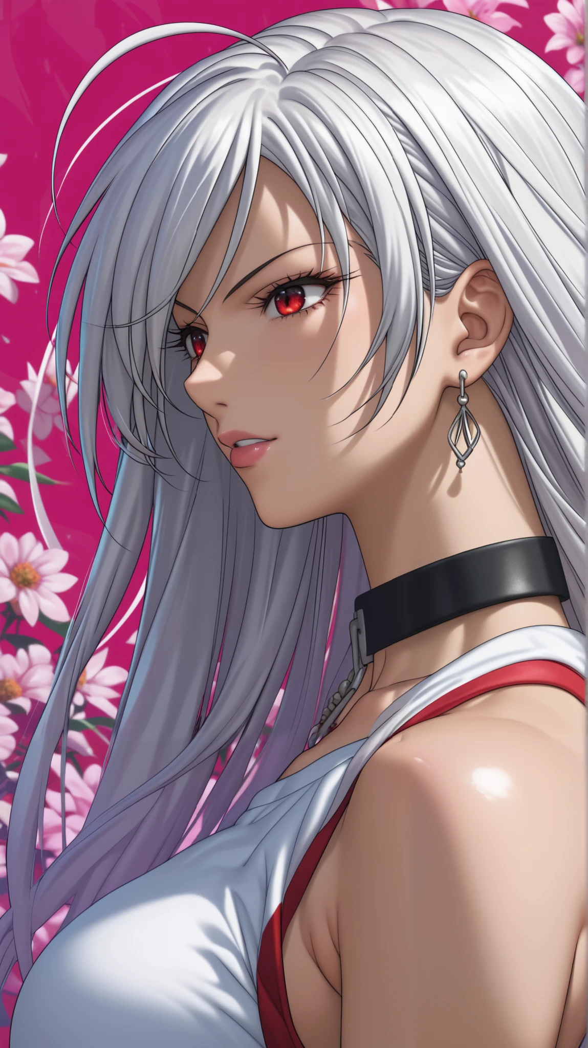 vampire moka akashiya, long hair, red eyes, ahoge, ((white hair)), large breasts,  ((Taisho romance)), Flower frame, A lot of flowers in the frame, Decorative panel, (shot from a side angle), florals, Zentangle, Dynamic Poses,Abstract background, earrings, pluma,,harfbody shot,