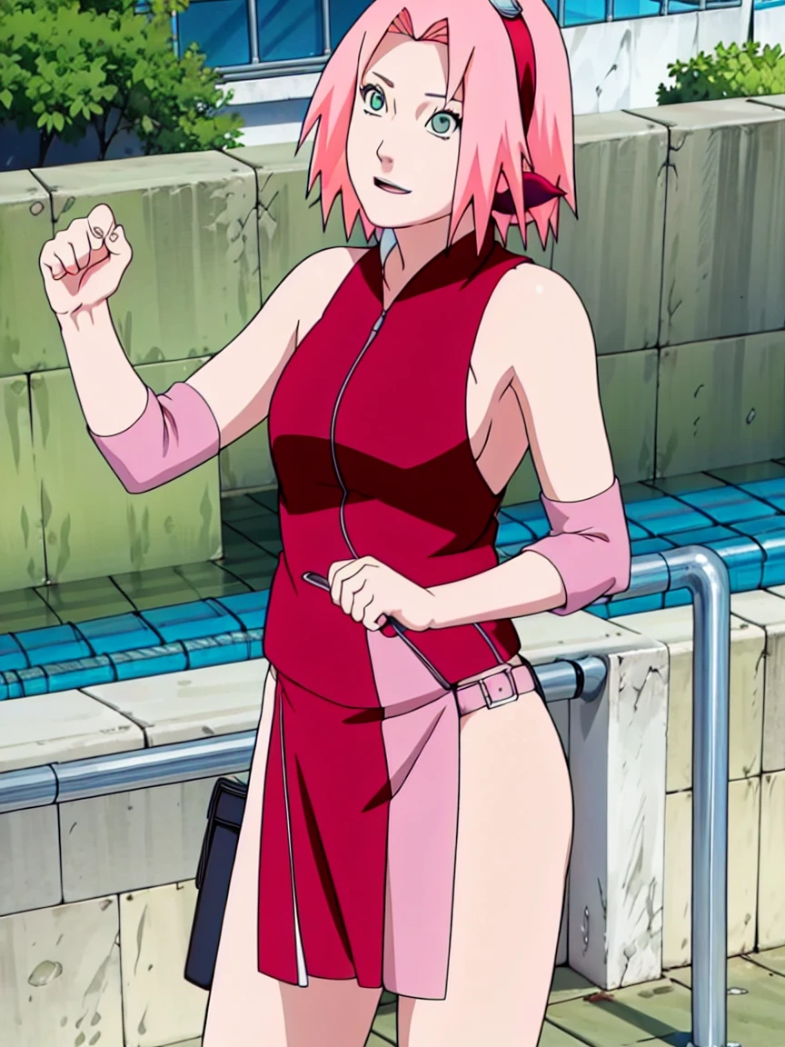 Mature Sakura Haruno small breasts, thin legs, pink hair green eyes, illuminated, blushing looking up ((aerial view))