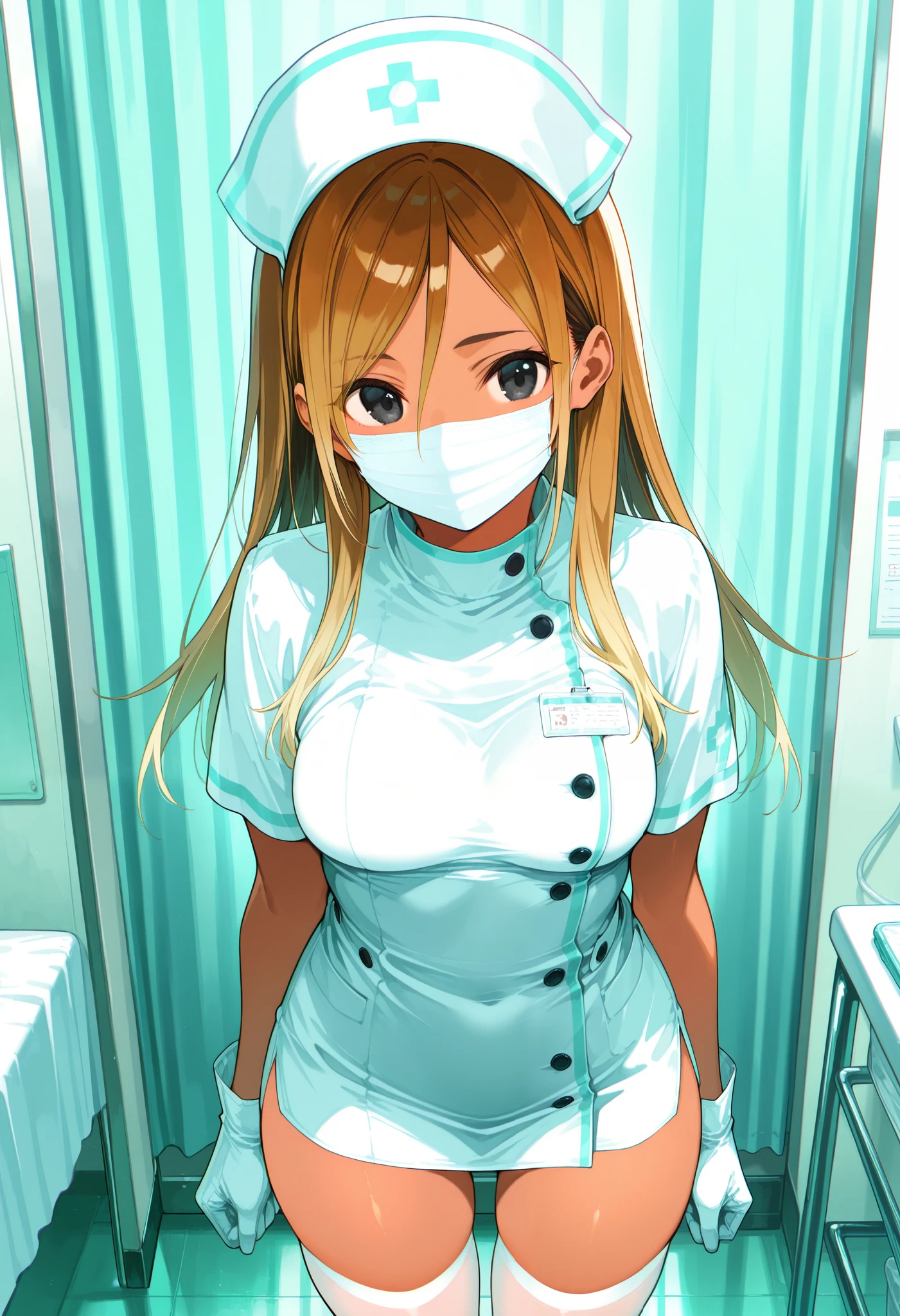 Score_9, score_8_up, score_7_up, source_anime, 1zum1, solo, dark-skinned female, tan, long hair, gradient hair, brown hair, blonde hair, hair between eyes, black eyes, (best quality), (high quality), {masterpiece}, extremely delicate and beautiful, ultra-detailed, beautiful detailed eyes, nurse, nurse hat, ((white nurse's outfit)), white gloves, white thighhighs, hospital room, ((white mask, mouth mask, covered nose)), standing