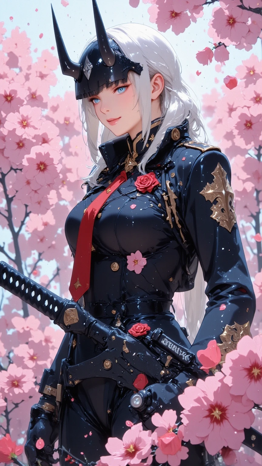 ((((masterpiece, Best Quality, High resolution)))), extremely detailed 8K, {(1 girl:1.6), sexy Beautiful 17 years old girl with slim body, (ninja:1.8):1.6}, (Ultra HD, Ultra-detailed, Highly detailed, Highly realistic, Ultra-realistic, photos realistic), {deep depth of field, (god ray:1.2), (bounced front lighting:1.1), (soft diffused lighting:1.6) }, (1girl:1.5), white long hair, (dynamic sexy poses), (very delicate and natural hair:1.3), facing at camera, light smile, (big firm bouncing breasts: 1.6), (very delicate and natural face, very delicate and natural eyes:1.3),(very delicate and natural clothes:1.2),(crystal blue eyes:1.2)  (sexy see-through black ninja suit, The chest part of the suit is widely open, Chest exposed:1.5), {white roses, (battle field:1.6), (flower storm:1.3)}