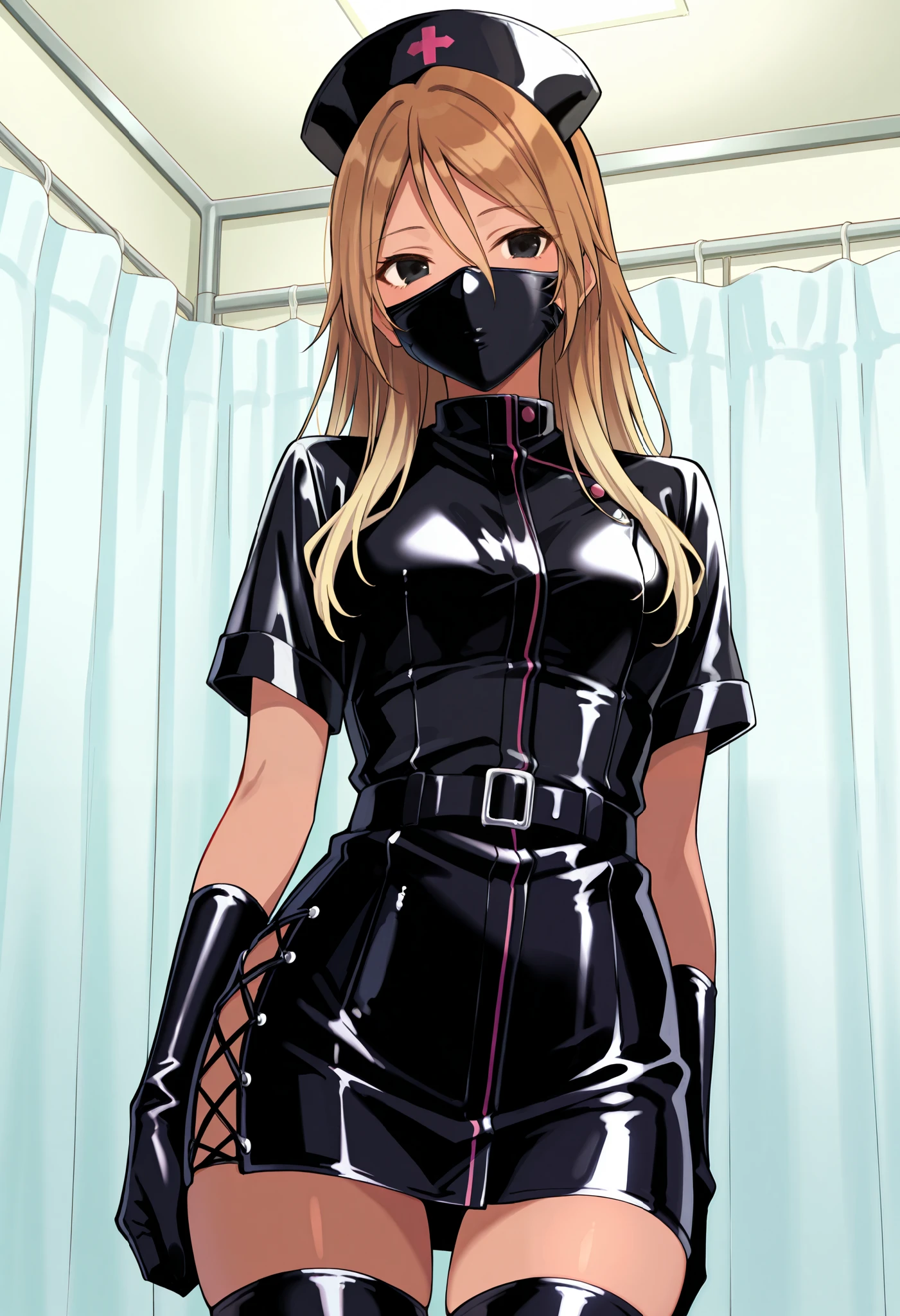 Score_9, score_8_up, score_7_up, source_anime, 1zum1, solo, dark-skinned female, tan, long hair, gradient hair, brown hair, blonde hair, hair between eyes, black eyes, enamel leather dark nurse, latex dress, black latex gloves, black latex legwear, latex, latex skirt, (best quality), (high quality), {masterpiece}, extremely delicate and beautiful, ultra-detailed, beautiful detailed eyes, nurse, nurse hat, ((black nurse's outfit)), surgery room, black rubbermask, mask, mouth mask, standing