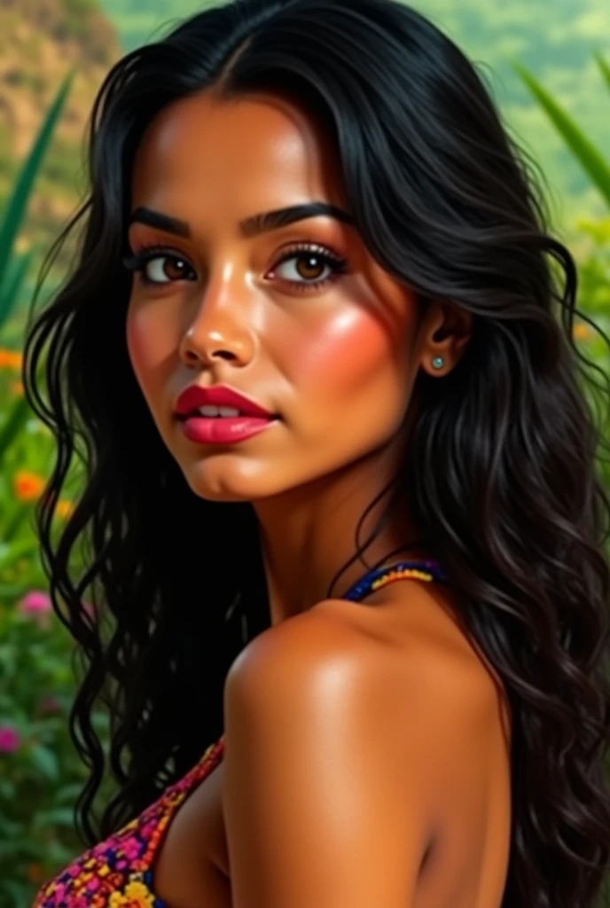 A Brazilian woman in a lush tropical garden, wearing an open shirt with a floral print, with a close-up capturing the harmonious beauty between her breasts and the natural flowers, showing off your natural charm and outgoing personality.