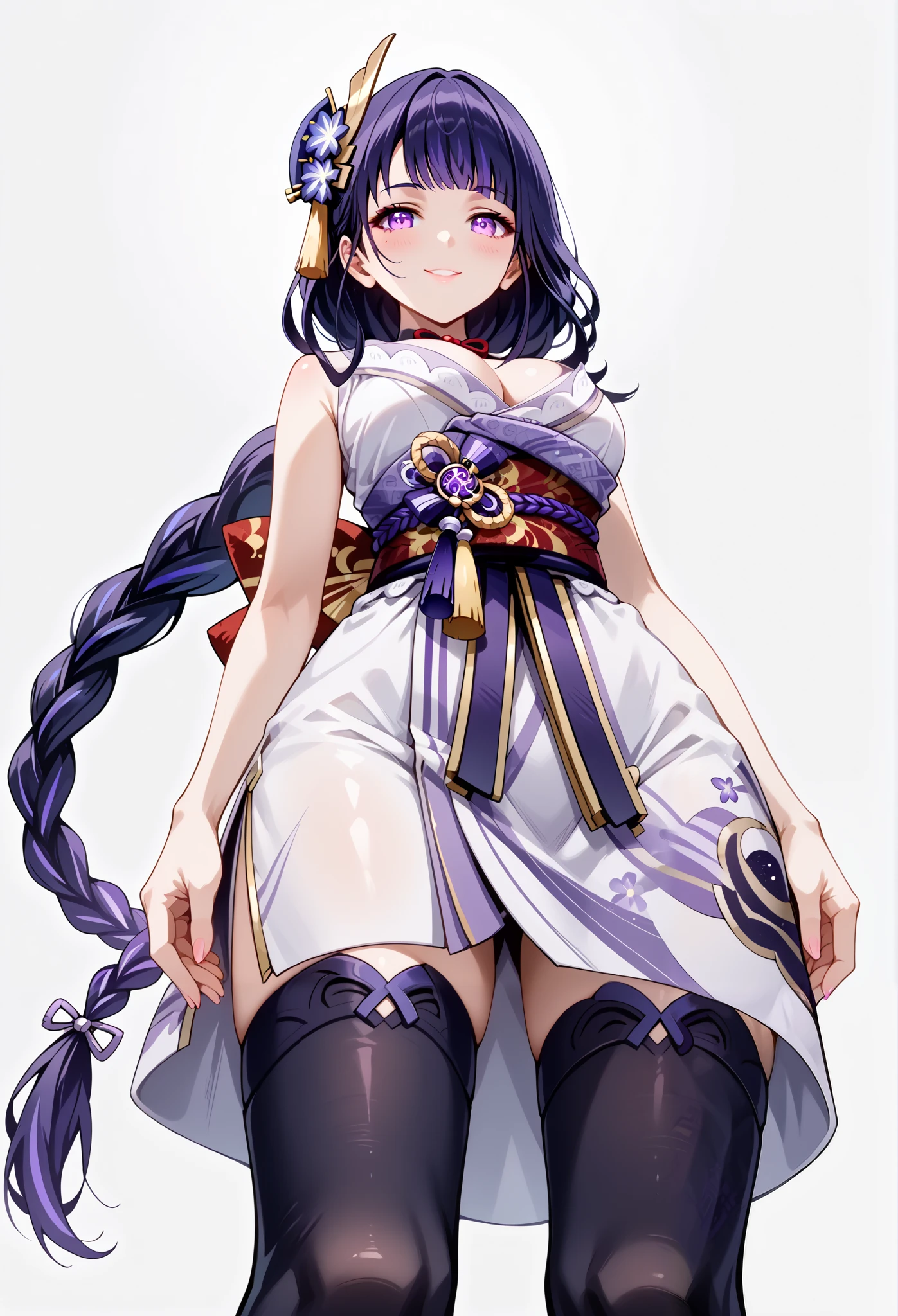 score_9, score_8_up, score_7_up, source_anime, 4K,perfect fingers,(perfect hands, perfect anatomy),prefect lighting, very aesthetic, intricate details,highly detailed background, masterpiece, high quality, best quality,
raidenshogun, raiden shogun, braid, braided ponytail, hair flower, hair ornament, long hair, mole, mole under eye, purple eyes, purple flower, purple hair, single braid, large breasts,,
wearing ((short yukata, sleeveless, cleavage, black stockings, )),,
((White plain background:1.5)) , looking at viewer, smile, (perfect hands, perfect anatomy),cowboy shot, filed, high thigh individual , fullbody,Stand up,((front look:1.5)), ((Low Angle View:1.5)),