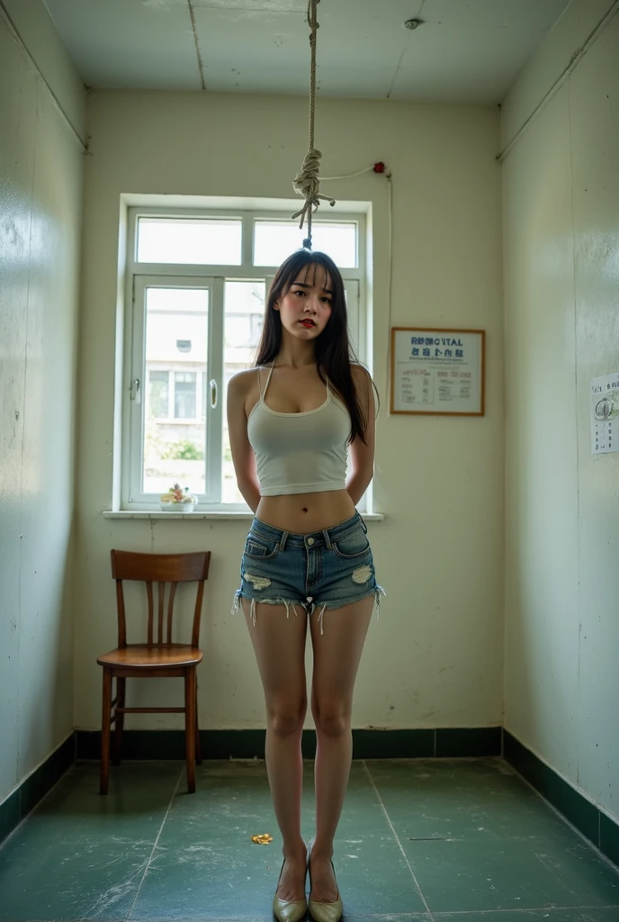 8k, photo realistic, Beautiful ullzhang girl, 18 years old, beautiful wavy hair, naked, perverted face, blushing, flat stomach, detailed eyes, detailed lips, detailed skin, detailed nipple, perky nipple, perfect body, perfect feet, she is being kidnapped and abandoned in the dirty garbage, Her hands had to be tied with rope, her pussy was being inserted into the big dildo