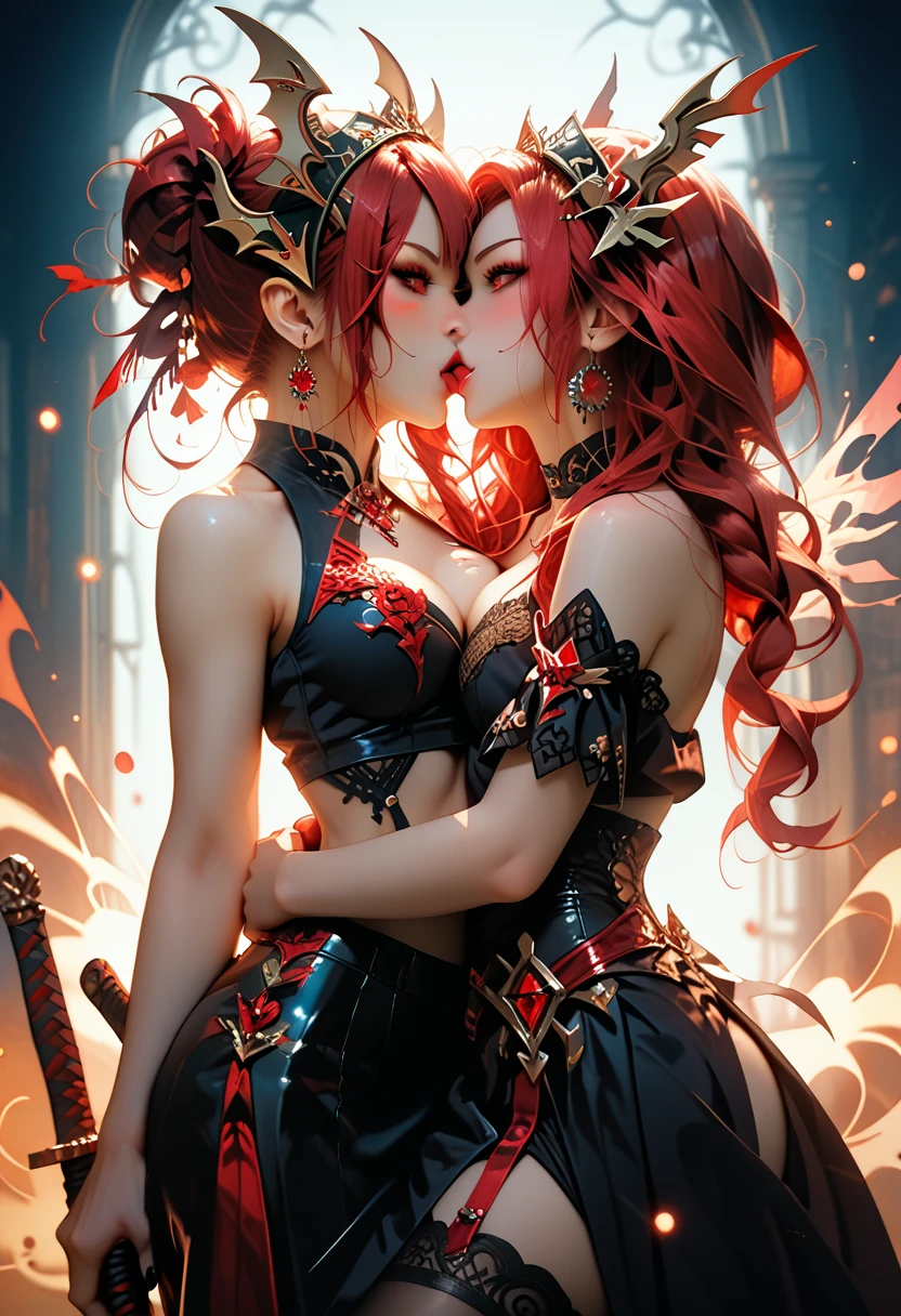 A young and beautiful woman and a mature and seductive woman:1.2,(Highest quality,Extremely detailed depiction,Incredibly absurd high resolution,Anatomically accurate depiction,Curvy Legs,Vertically drawn pupils,Shiny skin,Porcelain-like skin),(Succubus Sisters),(Elegant Gala Dresses,Fluffy Dress,Conservative dress,Gorgeous)eyelash,Sweat,(Glowing purple eyes,Crazy Eyes,Large Breasts,A seductive smile,lustrous red lips,Flashy makeup,A seductive gesture by two people,Sisters hugging each other:1.3,Half-closed eyes:1.5),Luxury accessories,earrings,necklace,Bracelet,whole body,