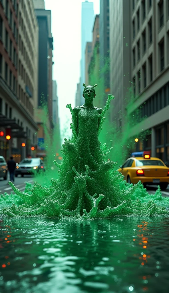 After the end of the world,Everything melted into goo, Mucous substance, Low Angle Shot, A woman stands in the foreground. Her bright yellow-green dress, Plastic green top, Slimy green plastic leggings, Gelatinous. The landscape behind her is a mixture of half-melted buildings and twisted remnants of civilization., They are all dripping with the same sticky mucus. The sky is covered with dark clouds,Epoly,A hint of green, Reflecting the mucus below. The woman's expression is full of determination and resilience, In stark contrast to surrealism