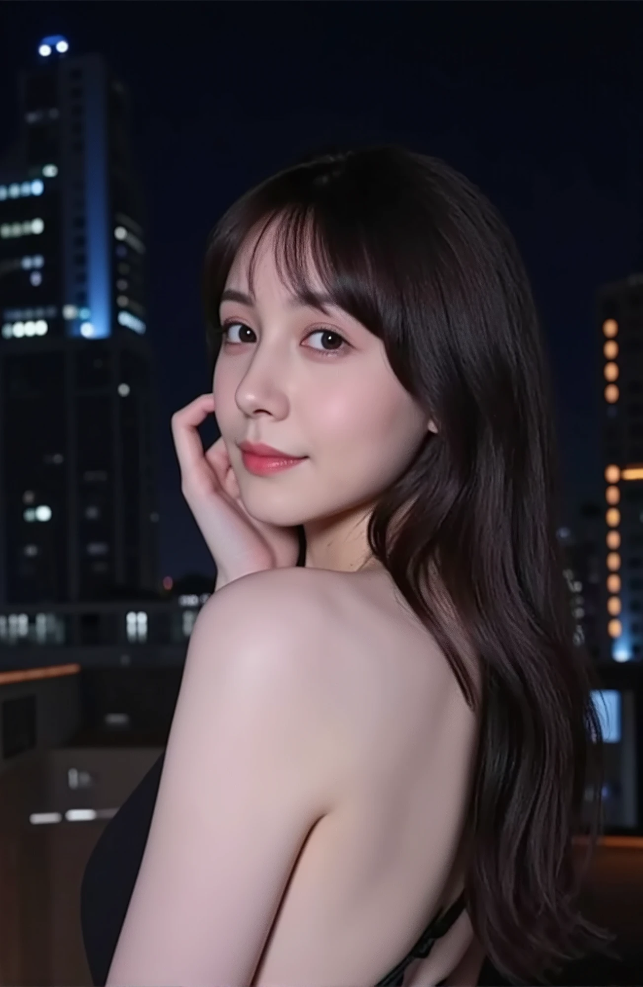 (mature adult woman wears a1By people),beautiful black hair,super straight hair,With bangs,long hair, realistic person images in dark waters,Realism,Best Quality,mastepeice,Top Quality,best image quality,highest resolution from vagina,fine detail,Beautiful detailed face,black eyes,((realistic skin)),(((On the roof of a dark building))),detailed background,( accurate body),(perfect body),((upper body)),((Realismのある肌)),(smile),(( standing)),(((super big ))),(((very large breasts))),Emphasize Cleavage,(((wearing a stylish dress))),(((On the roof of a high-rise apartment building in the middle of the night))),(((wearing a cute dress))),