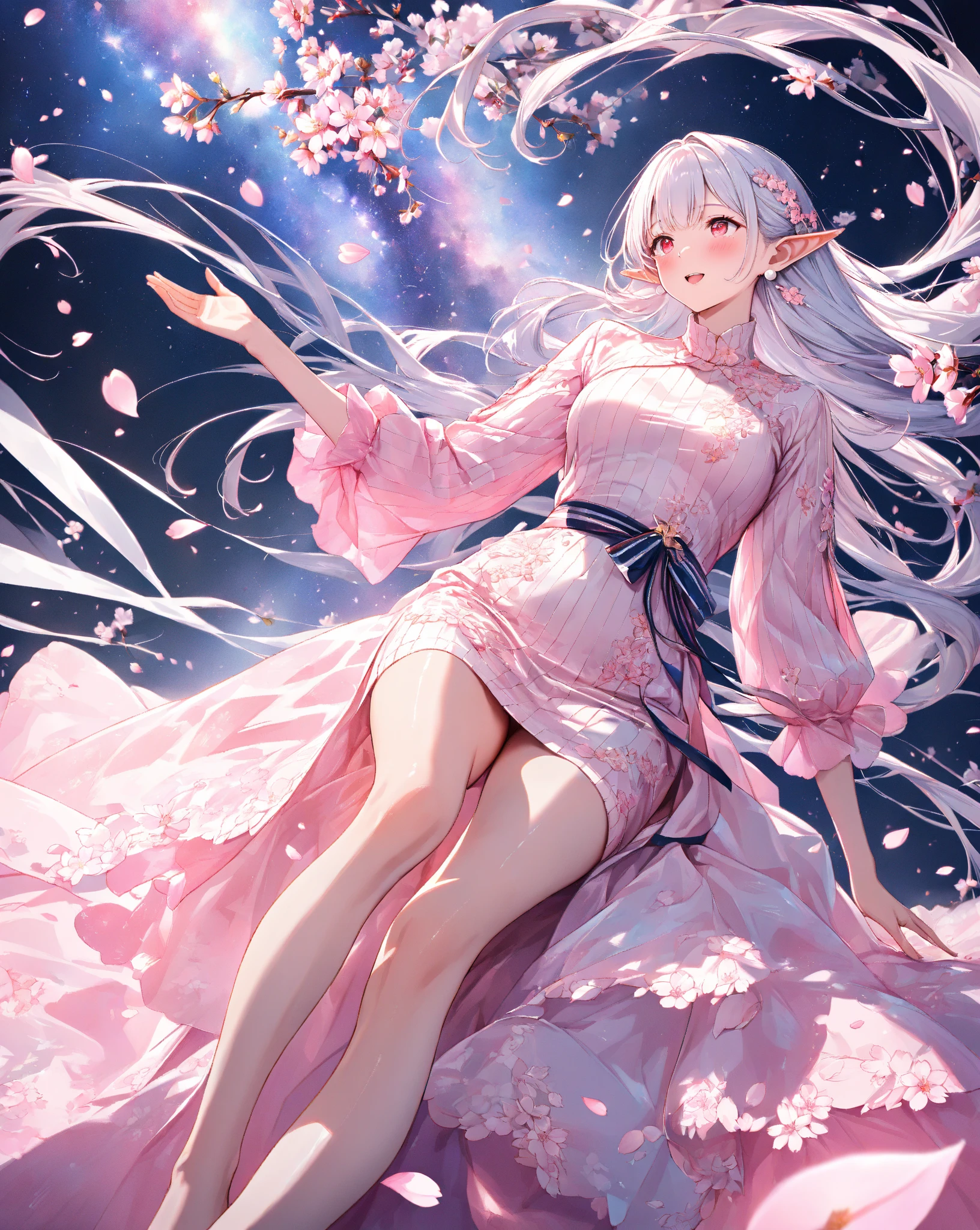 (((blurred background、Light colored watercolor style background)))、one girl、16talent、anatomy、small face、small、small鼻、pale pink eyes、Loosely braided low ponytail、light pink hair、small breasts、black dress open neck dress、sheer lace dress、See-through feeling、random pose、highest quality、High resolution、High resolution、cinematic lighting、professional photographer