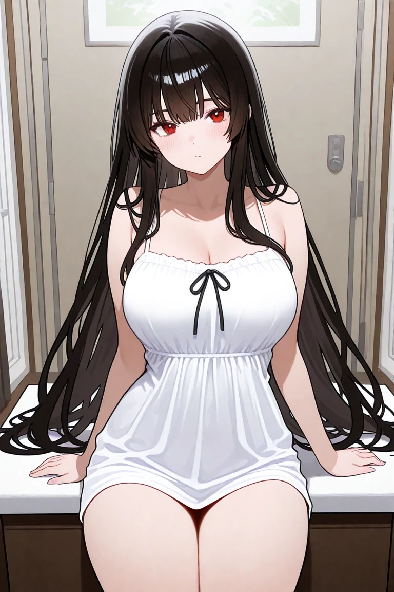 slender, mature female, breasts, 1girl, rating:safe, earrings, large_breasts, jewelry, long_hair, cleavage, smile, dress, open_mouth, looking_at_viewer, red_eyes, detached_sleeves, solo, bare_shoulders, :d, black_hair, sitting, thighhighs, bangs, brown_hair, curtains, black_legwear, black_dress, thighs, very_long_hair, white_dress, backlighting, collarbone, sidelocks, parted_bangs, strapless_dress, long_sleeves, strapless, window, arm_support, blush, light_particles, indoors
