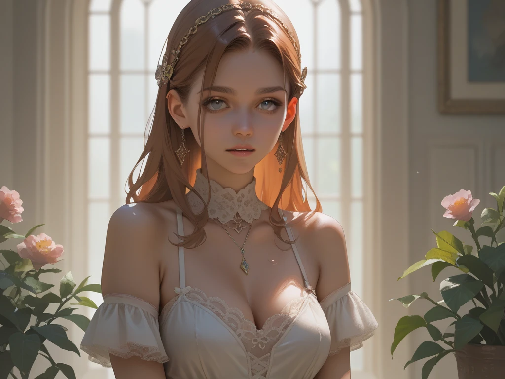Best quality,masterpiece,ultra high res,(photorealistic:1.4),lin,red hair,1girl,(tree:1.2),solo,(nature:1.3),dress,(plant:1.2),sitting,(flowers:1.2),full of trees,(indoor:1.3),