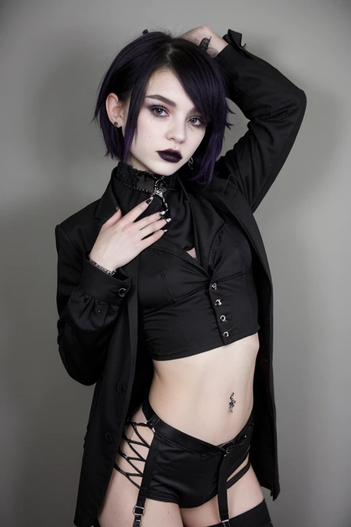 1girl, masterpiece, fishnet pants, goth, skinny, colorful hair, bedhead, black shirt, sitting, spreading legs