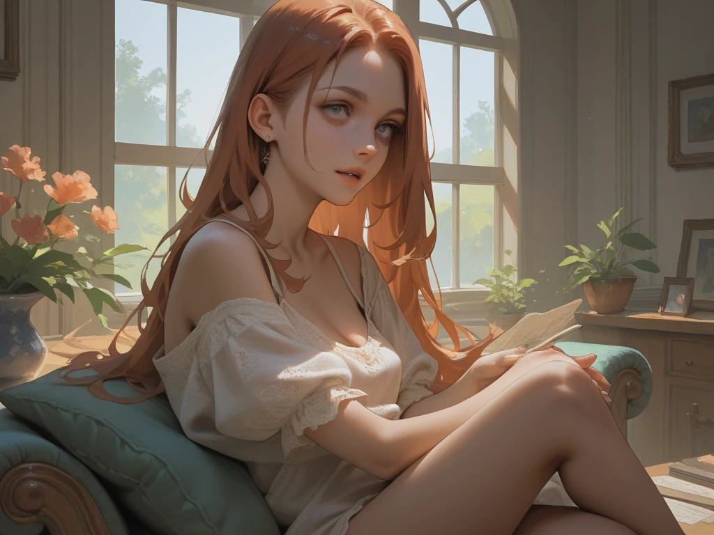 (best qualtiy,tmasterpiece,art stations,Fantasyart:1.2),A beautiful and cute girl,French girl,petite,(Long, messy ginger hair:1.1),(Lace skirt,naked leg:1.2),In the garden,realisticlying,Detailed face,