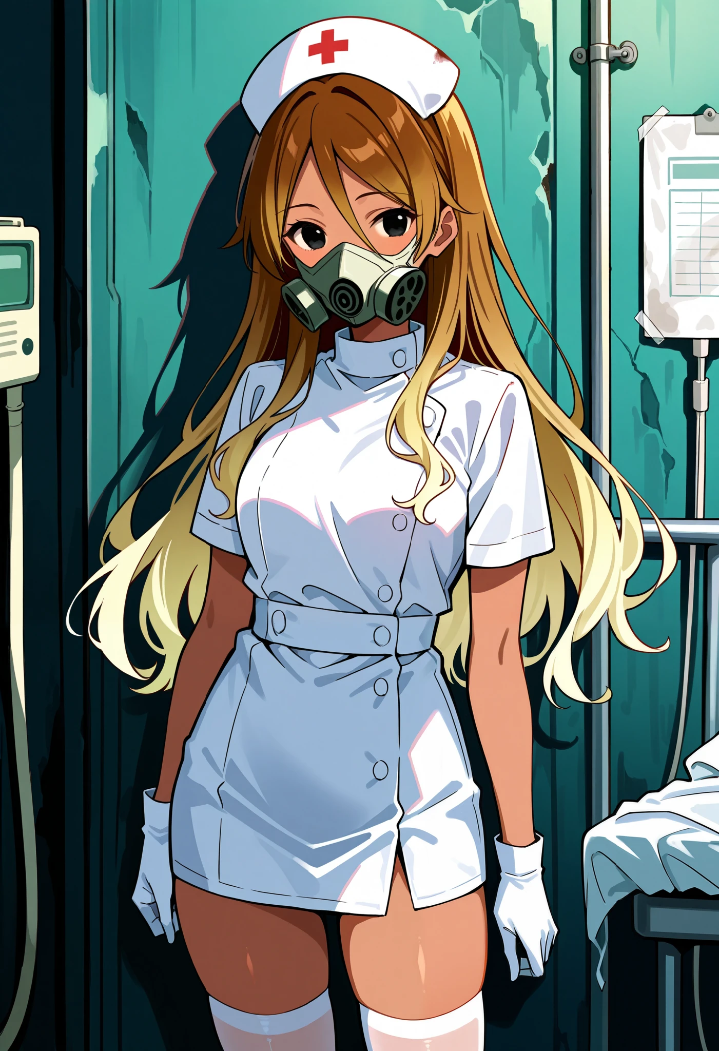 Score_9, score_8_up, score_7_up, source_anime, 1zum1, solo, dark-skinned female, tan, long hair, gradient hair, brown hair, blonde hair, hair between eyes, black eyes, (best quality), (high quality), {masterpiece}, extremely delicate and beautiful, ultra-detailed, beautiful detailed eyes, nurse, nurse hat, ((white nurse's outfit)), white gloves, white thighhighs, abandoned hospital, ((white gas mask, covered nose)), standing