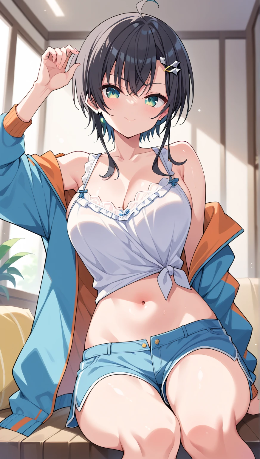 4k, fine detail, masterpiece, high quality eyes, high detail painting, soft shadows, best character art , half nude, open clothes,1girl, bare shoulders, bed, black hair, blue pants, bra strap, brown eyes, collarbone, denim, earrings, jacket, jeans, jewelry, large breasts, looking at viewer, navel, off shoulder, pants, see-through, shirt, short hair, sitting, smile, solo, underwear, white shirt