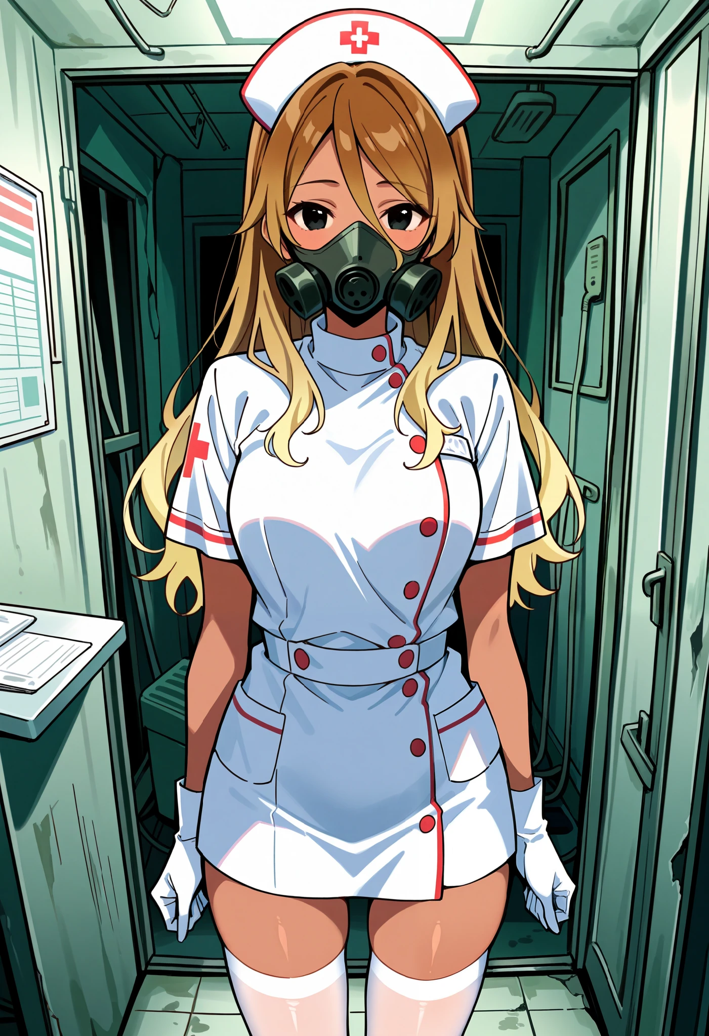 Score_9, score_8_up, score_7_up, source_anime, 1zum1, solo, dark-skinned female, tan, long hair, gradient hair, brown hair, blonde hair, hair between eyes, black eyes, (best quality), (high quality), {masterpiece}, extremely delicate and beautiful, ultra-detailed, beautiful detailed eyes, nurse, nurse hat, ((white nurse's outfit)), white gloves, white thighhighs, abandoned hospital, ((white gas mask, covered nose)), standing