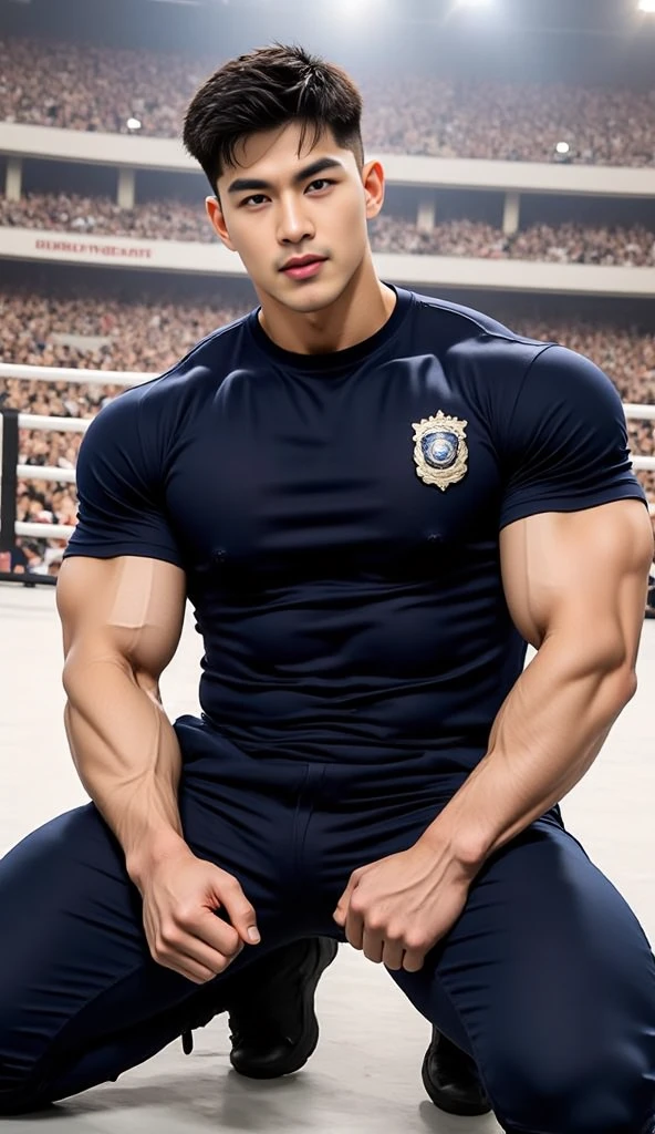 20-year-old boy ,Korean male officer ,...,handsome ,Wear a dark navy short-sleeved shirt............., Wearing only Dark navy thong, no pants, Black boots and dark navy gloves,sit on the ground , His legs spread apart.............................., Police Logo ,tight breasts ,Muscle Man , ((The arm muscles are very large.................)) ,large , Wide shoulders ,open legs ,Hold the bulge firmly with both hands............................................. ,Large long bulge pointing upwards..................................... ,Sexually suggestive, (Dynamic Poses:1.1) , thights , (Embossed Focus:1.2),On your knees......................., ,It's raining ,Mud Pond , Best qualtiy , Wide lens ,deep depth of field ,Bokeh background