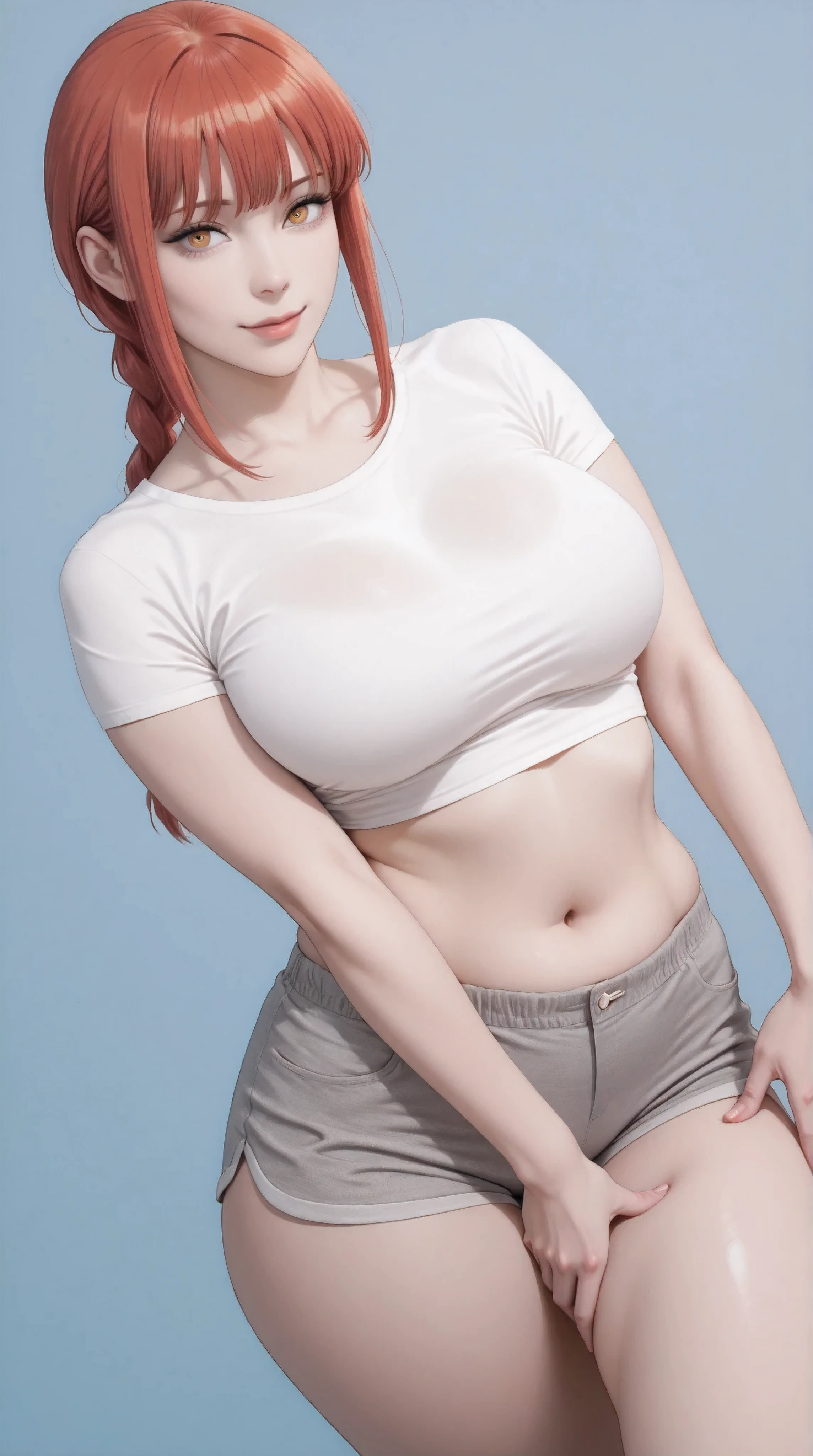 masterpiece, extremely detailed, perfect skin texture, 4k, solo, 1girl, adult,((fullbody)), stand up, makima, sexy legs, perfect body, large breasts, white tshirt, grey shorts, housewife, soft light, high detailed, best quality, midriff, navel, navel line, belly, bare belly, sexy, hot girl, hot woman, big breasts, sexy girl, sexy woman, korean face, beautiful, thick thighs, thigh thighs, upper body, tshirt, crop top, beautiful girl, beautiful woman, hot pose, perfect hands, wide hips, expressive, looking at viewers, front look, sexy pose, photography, front look, blue plain background, blue background, cowboy shot,((blue plain background))