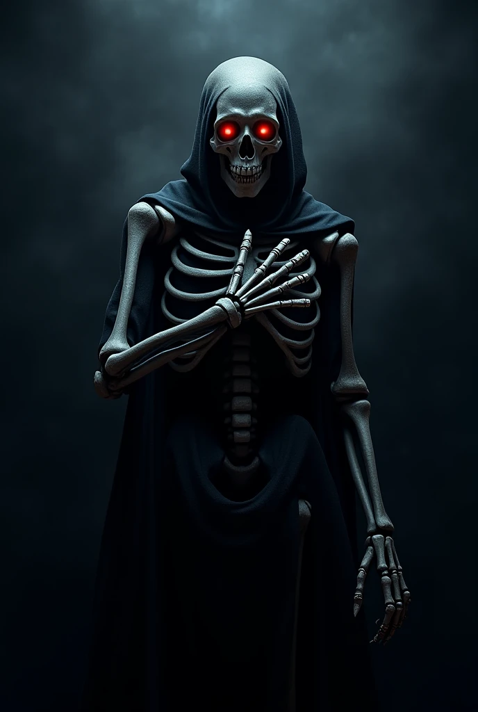 A skeleton peeking out from the dark world. The skeleton is wearing a rag over its head.
