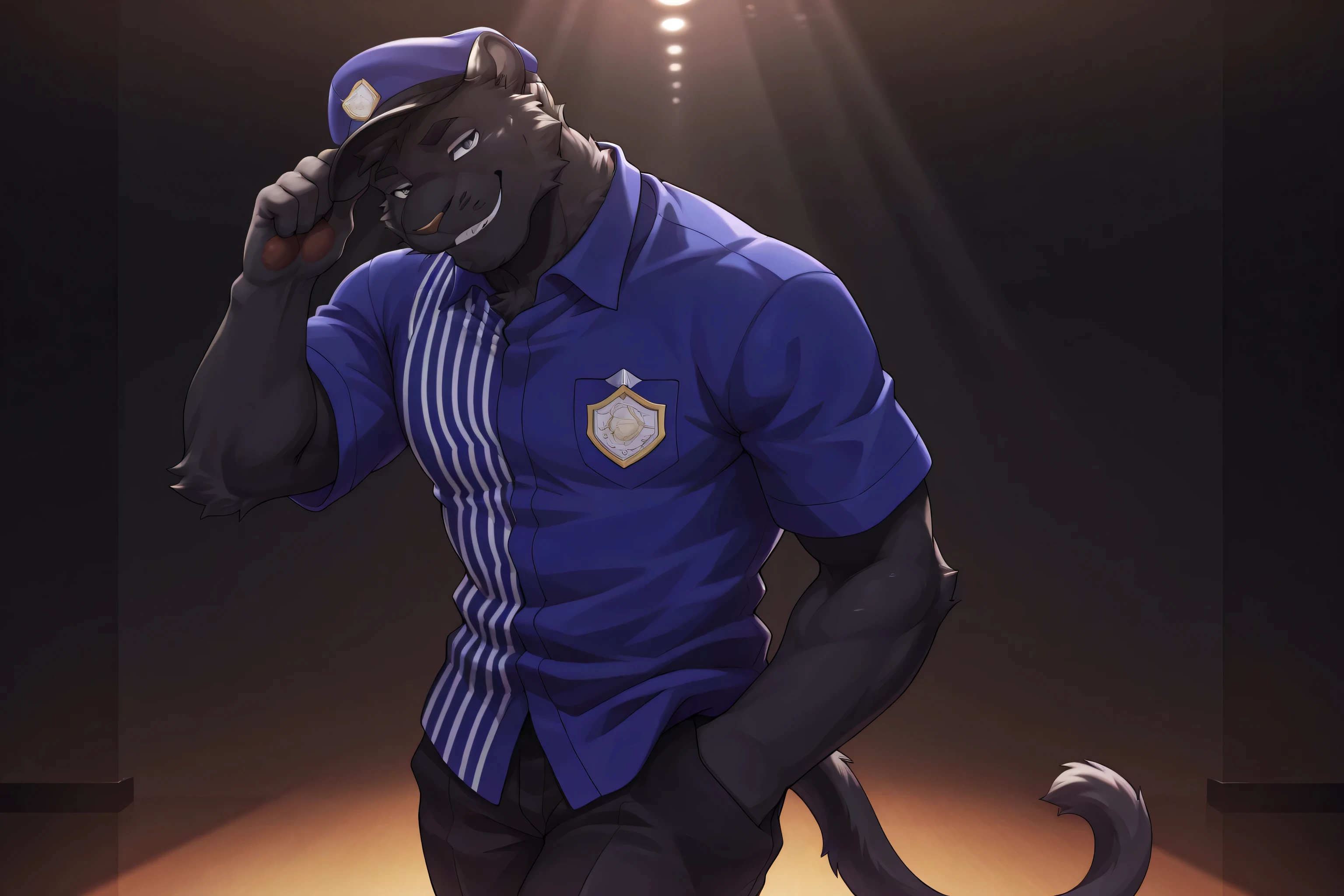 solo, panther, (black fur), black face, gray eyes, smile, adjust the brim of the hat, tricky, Proud look, Tilt head down, Employee uniform, Behind the stage, walking, score_9, score_8_up, score_7_up, cowboy shot, dark background, from back