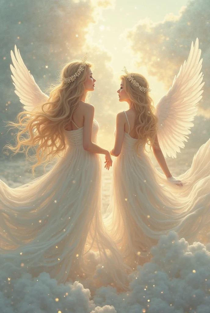 Cartoon or anime line drawings of fairy angels with long hair, cute and friendly, charming and a little bit of astrology. Looking at it, it is a picture that heals the heart, with the sweet and gentle scent of flowers in tones of pink and pastel colors. 