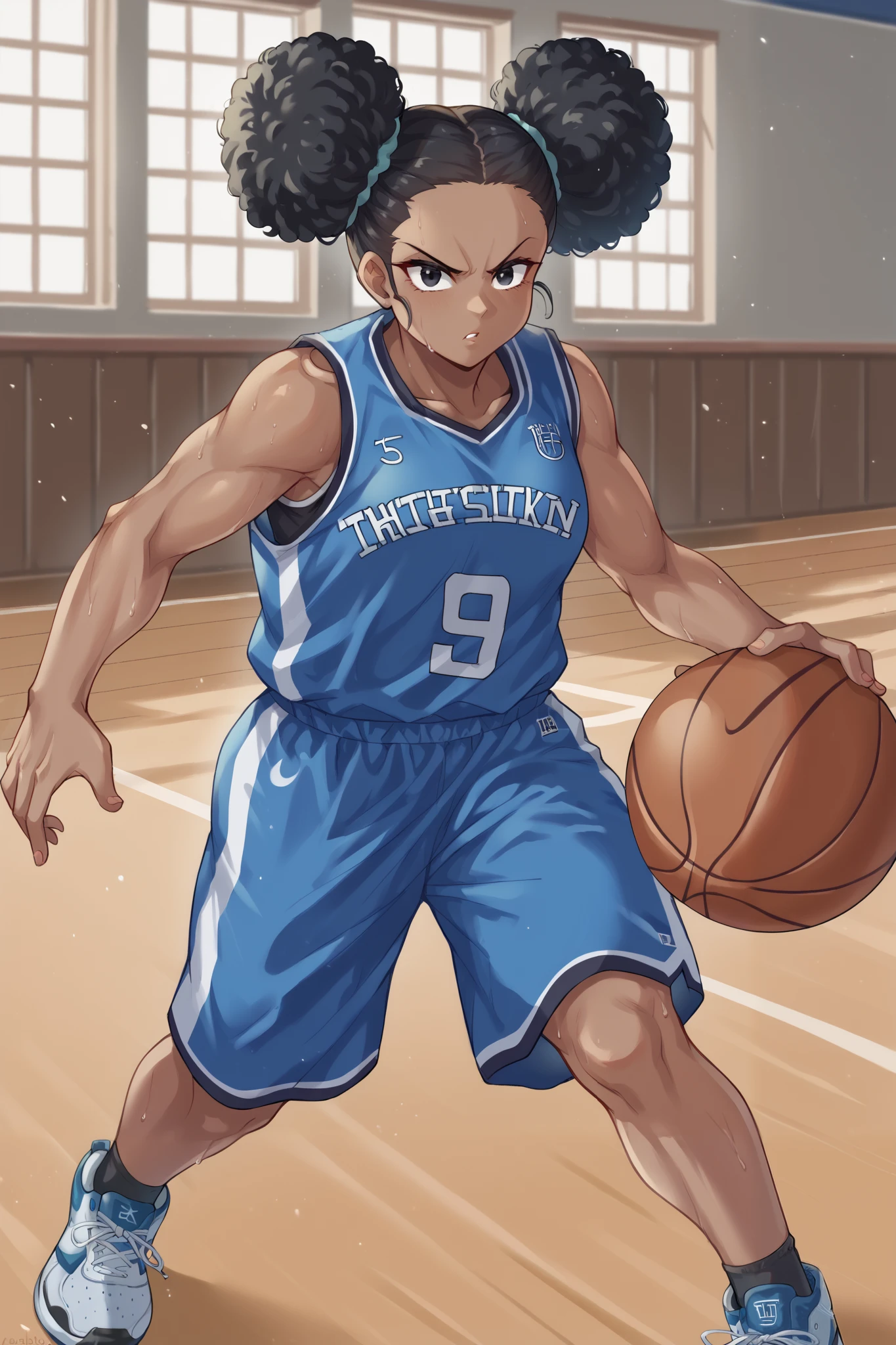 score_9, score_8_up, score_7_up, 1girl, solo, african_american girl, dark-skinned female, black hair, afro, two buns, curly, black eyes, blue tanktop, basketball uniform, jersery, sportswear, blue shorts, socks, sports shoes, gymnasium, basketball dribbling, dribbling (basketball), basketball, basketball (object), determined expression, parted lips,