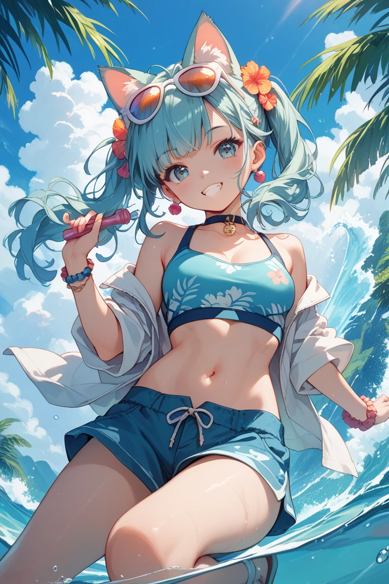 Highest quality、masterpiece、beautiful、Detailed、Age: 12、middle School girls、Beach、dynamic pose、Low - Angle、smile、Slim figure、(Wet and see-through clothing:1)、