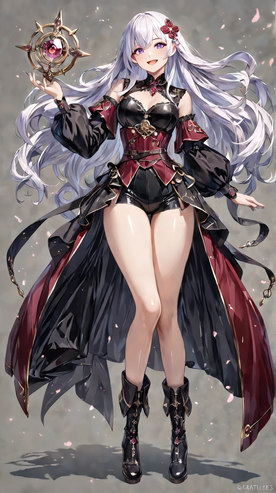 reference sheet by demon girl BREAK, white background paper BREAK, demon horn, darkred classical dress, less exposed busty cleavage, evil smile, sharp fangs BREAK, glowing darkred eyes, masterpiece, hyper detailed, sharp focus, best quality, 8K, full-body