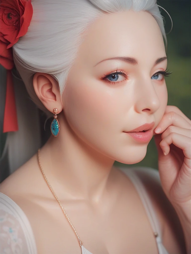 Beautiful girl, blue eyes, white hair, japanese hairstyle, detailed facial traits, in a temple, open orange monk dress, naked breasts, scar near her eye, huge beautiful earrings, huge breasts, sexy pose