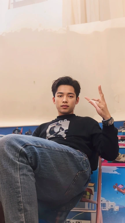 Create a 3D illusion for a profile picture where a 18 Year old cute boy in a white shirt Sitting casually on a Wingback chair. Wearing sneakers, he looks ahead. The background features "SH-EMON" in big and capital Yellow neon light fonts on the dark grey wall. There should not be his shadow, and there are wings to make it appear as if he is an angel