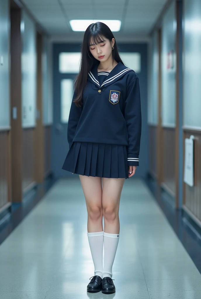 (1 girl, have to pee, peeing herself, peeing, peeing self, crying, very desperate to pee, have to pee, have to pee, peeing, peeing self, peeing, peeing self:1.5), (girl and other many girls waiting in line restroom, maxi sailor suit, long skirt, high school, foot ware, 1 small bag, have to pee, covering crotch, knees together and feet apart, hand between legs:2), (leaning forward, erotic twist of the body:1.6), (Raspy breath, shaded face, despair, impatient, full face blush, embarrassed, empty eyes, constricted pupils, looking afar:1.5), (girl can't stand up straight:1.5), (detailed face, best quality:2), (makeup), open mouth, from side