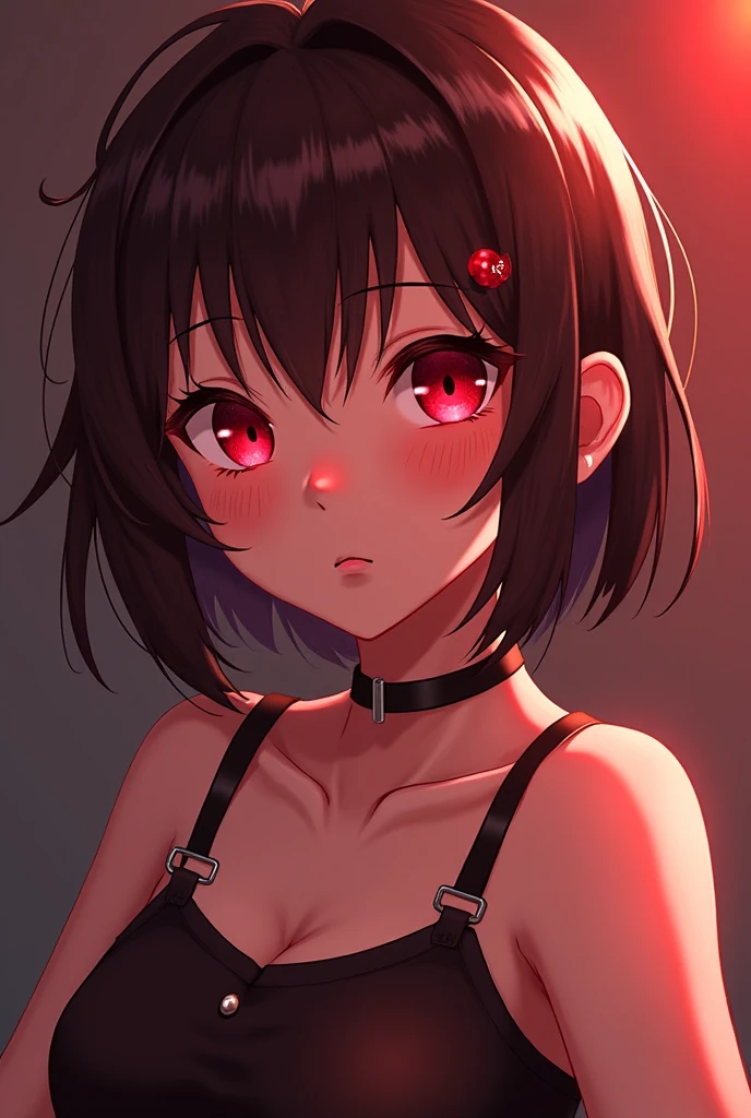 I want you to make a very sexy blood demon girl with short black hair and red eyes, that she looks threatening but at the same time seductive that it is anime style and that she is being fucked hard
