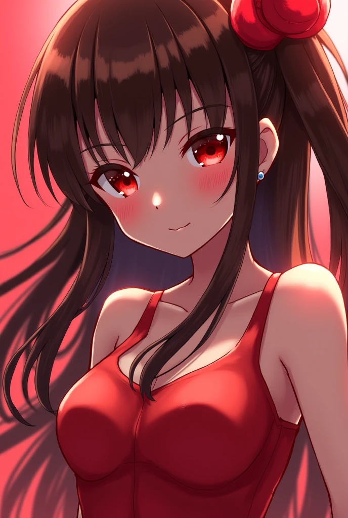 anime panel,whole body , 1girl,solo Korean, long black curly hair with red highlights, red, slanted eyes, casual clothes, black tank top, ear piercing, necklace, hair illuminated by party lights, party background, long chic dress, smiling showing teeth, blushing