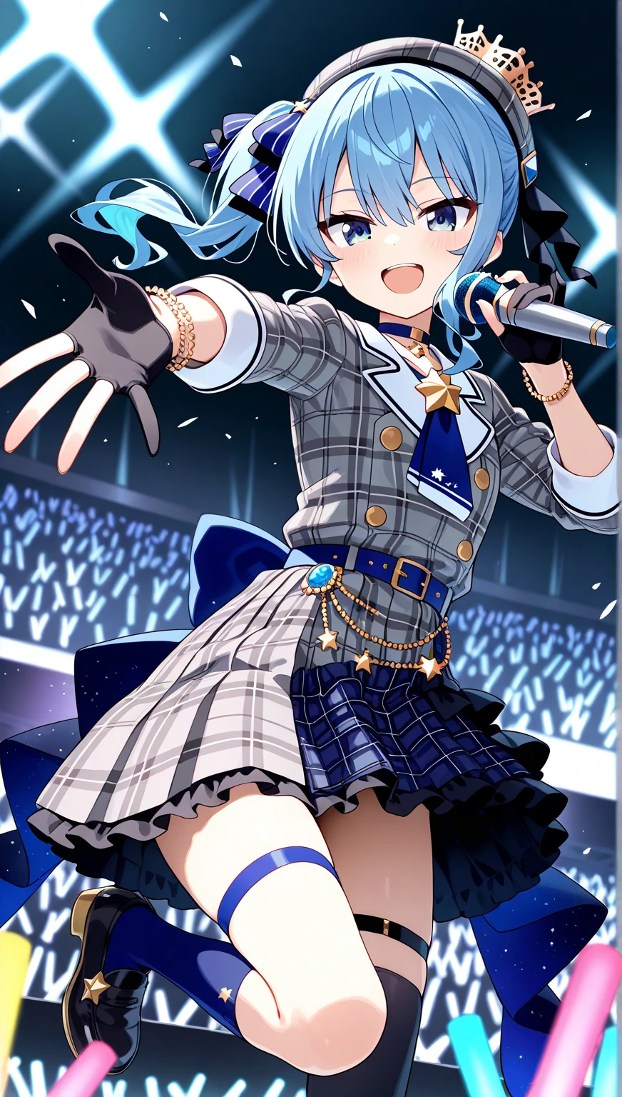(masterpiece, best quality), best resolution, 16k, full-body, 1girl, solo, HoshimachiSuisei, side ponytail, blue hair ribbon, SuiseiBase, plaid beret, crown, blue star choker, star earrings, blue ascot, plaid jacket, plaid skirt, layered skirt, partially fingerless gloves, star bracelet, uneven legwear, thigh strap, (standing, stand straight), look at viewer, ((perfect hands, hand open)), (cheek-to-cheek), singing, open mouth, stable, concert stage, starfield, spotlight