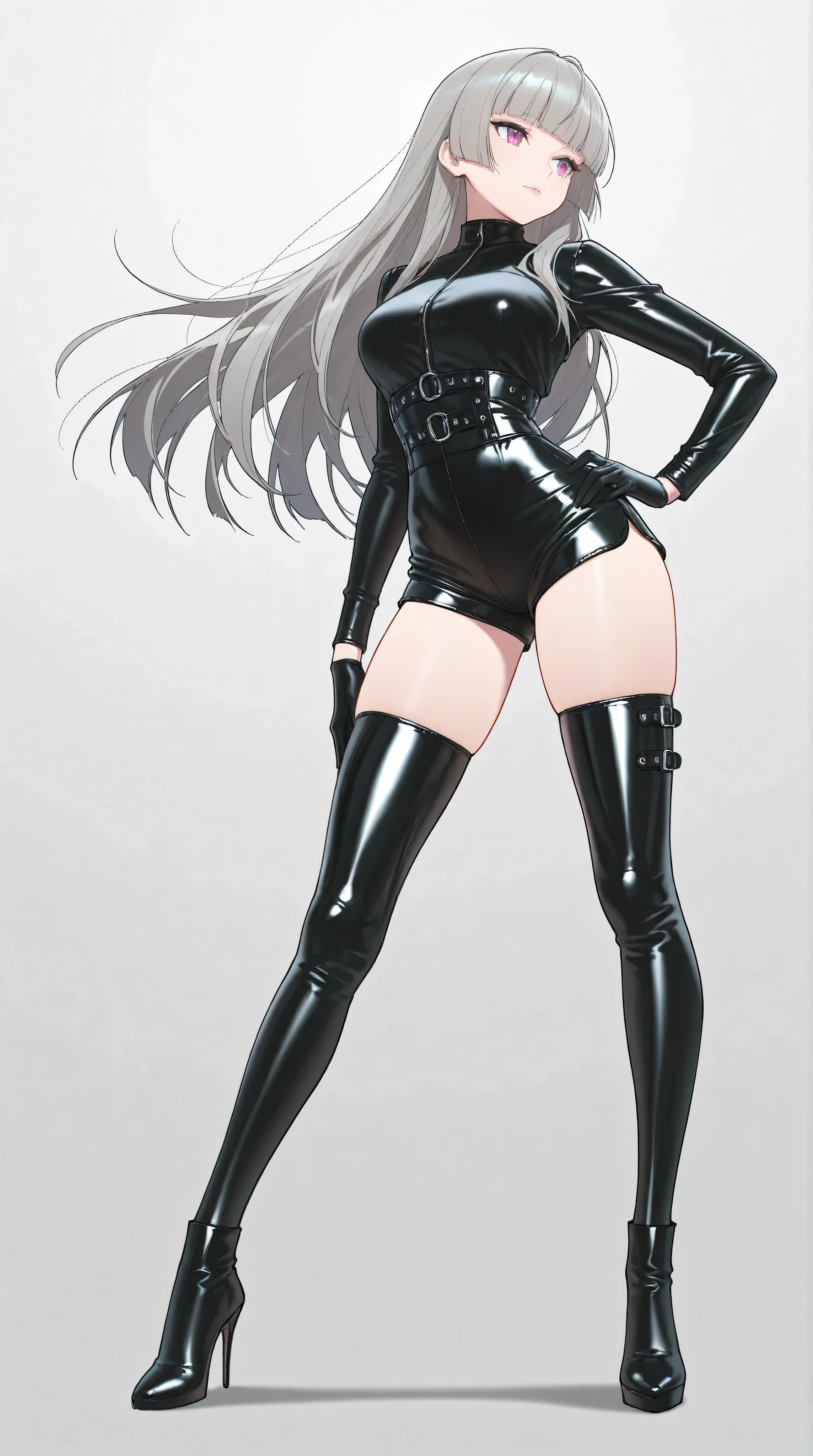 masterpiece, best quality, amazing quality, hyper-detailed, newest, 1girl, full body, grey hair, blunt bangs, long hair, sharp eyes, latex outfit, dark silver, futuristic, metallic details, sleek silhouette, elegant, confident pose, standing tall with one hand on waist, sharp gaze, lips slightly pursed, cool and mysterious atmosphere, minimal background, subtle light, slight shadows on face, sophisticated, high fashion, elegant, powerful presence, shorts, stylish shorts, high-waisted shorts, modern fashion